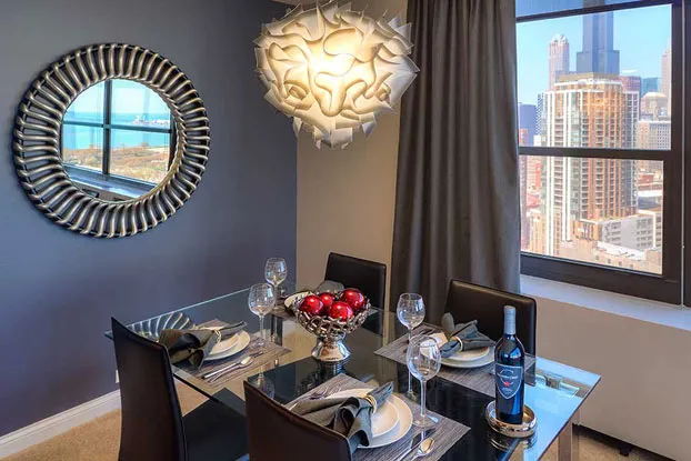 living room with lake view at Eleven Thirty Apartments in the South Loop
