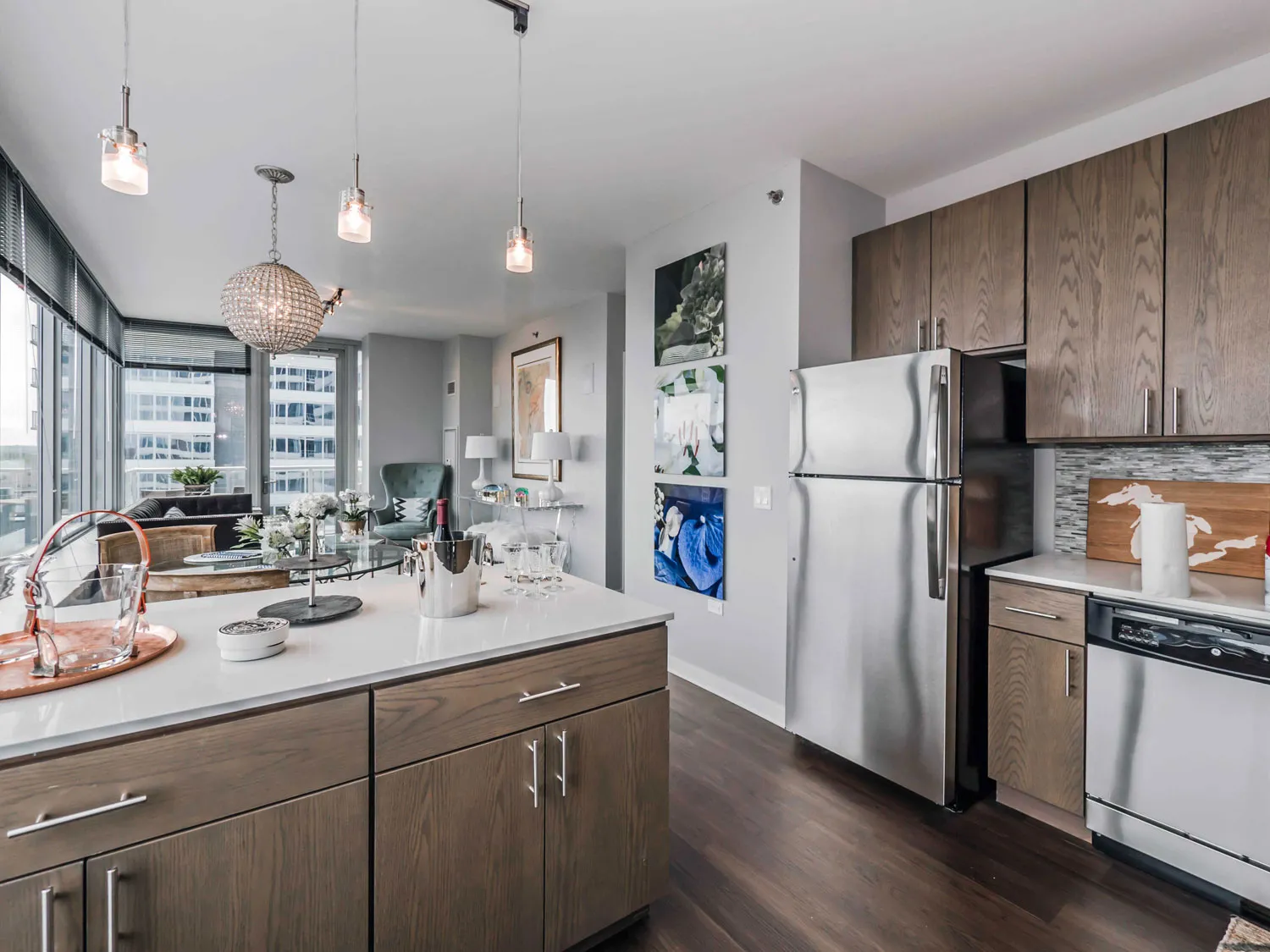 a type model kitchen at E2 Apartments in Evanston IL