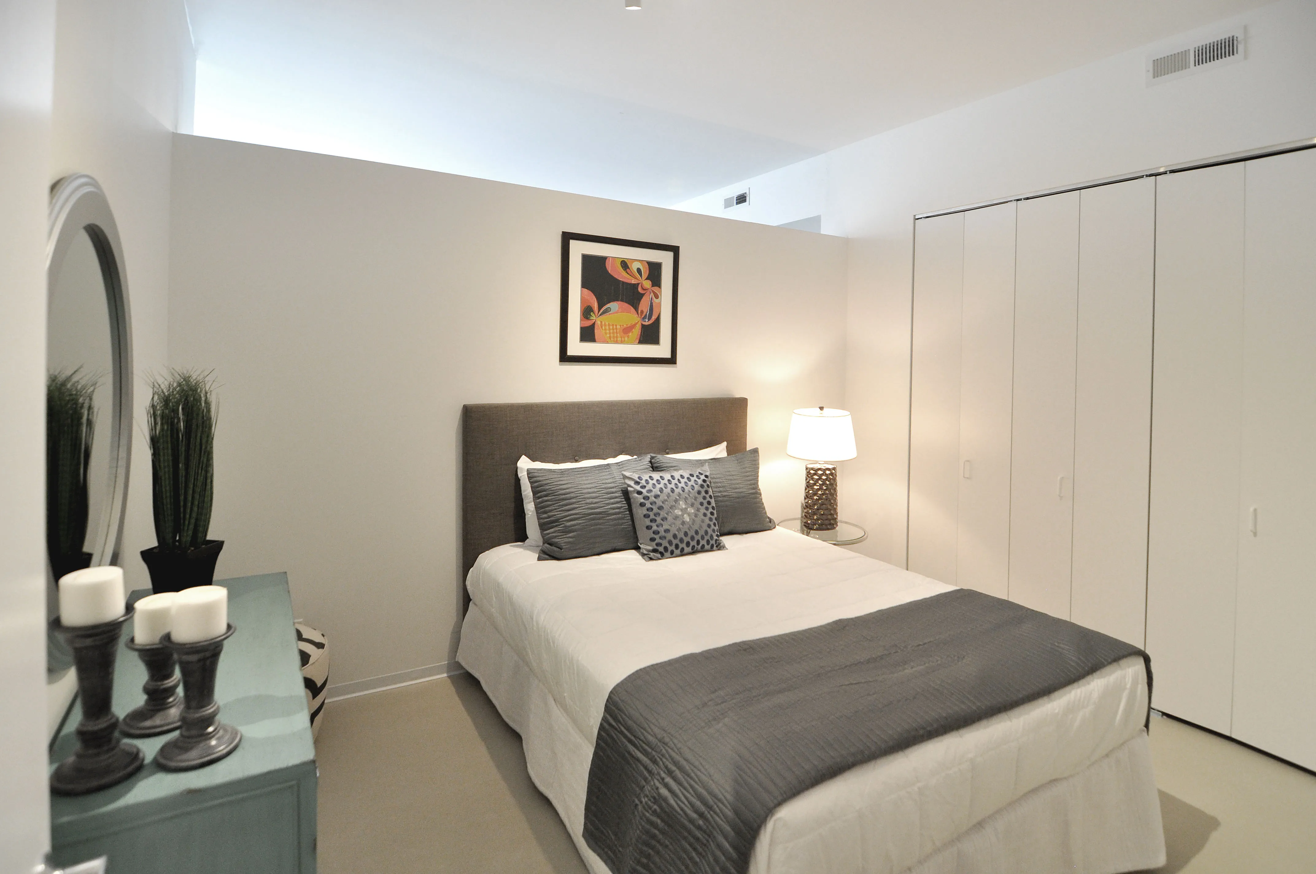 model living room and kitchen at Wicker Park Lofts