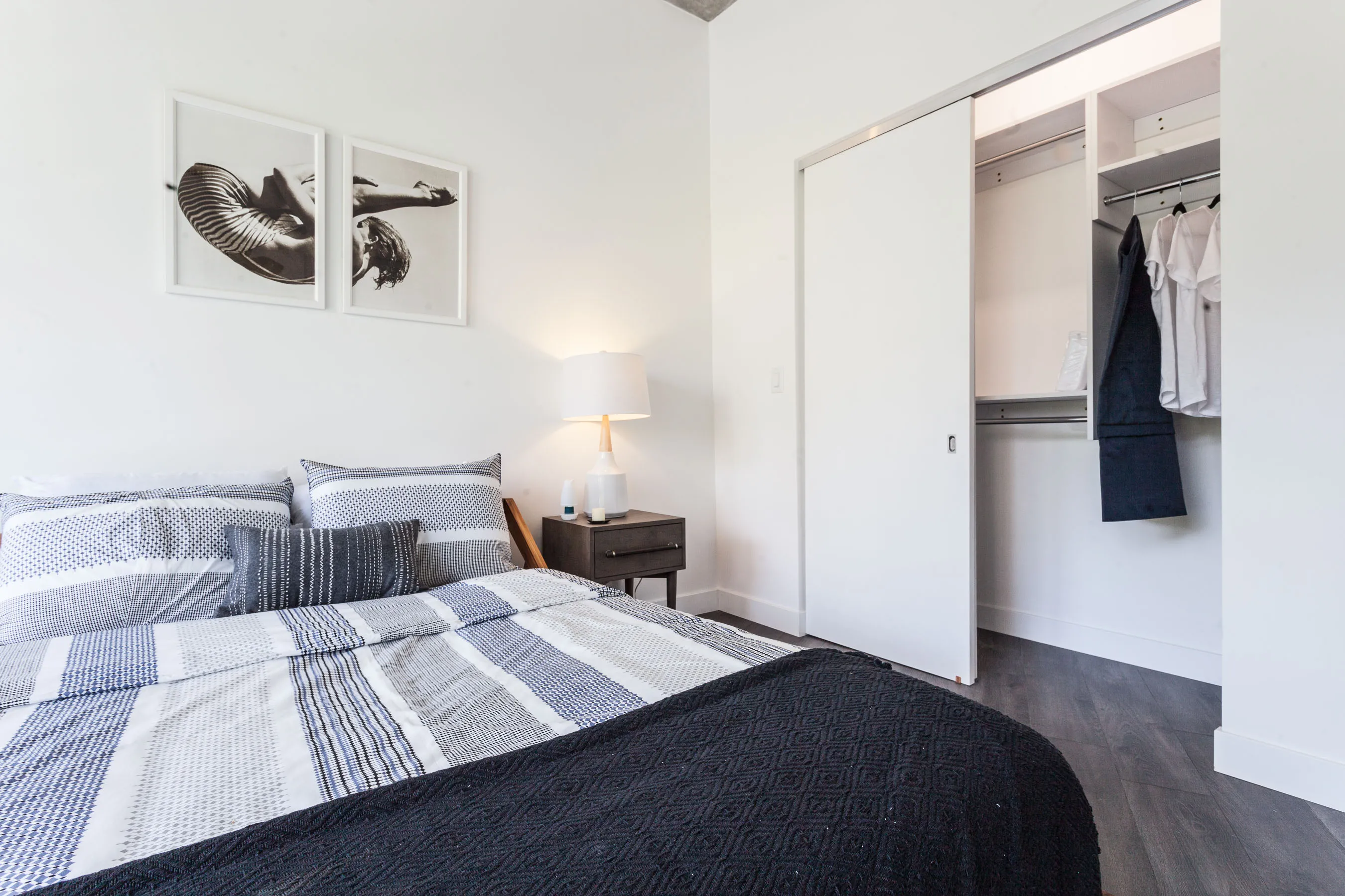 kitchen and living area in one bedroom model at Centrum Evanston Apartments