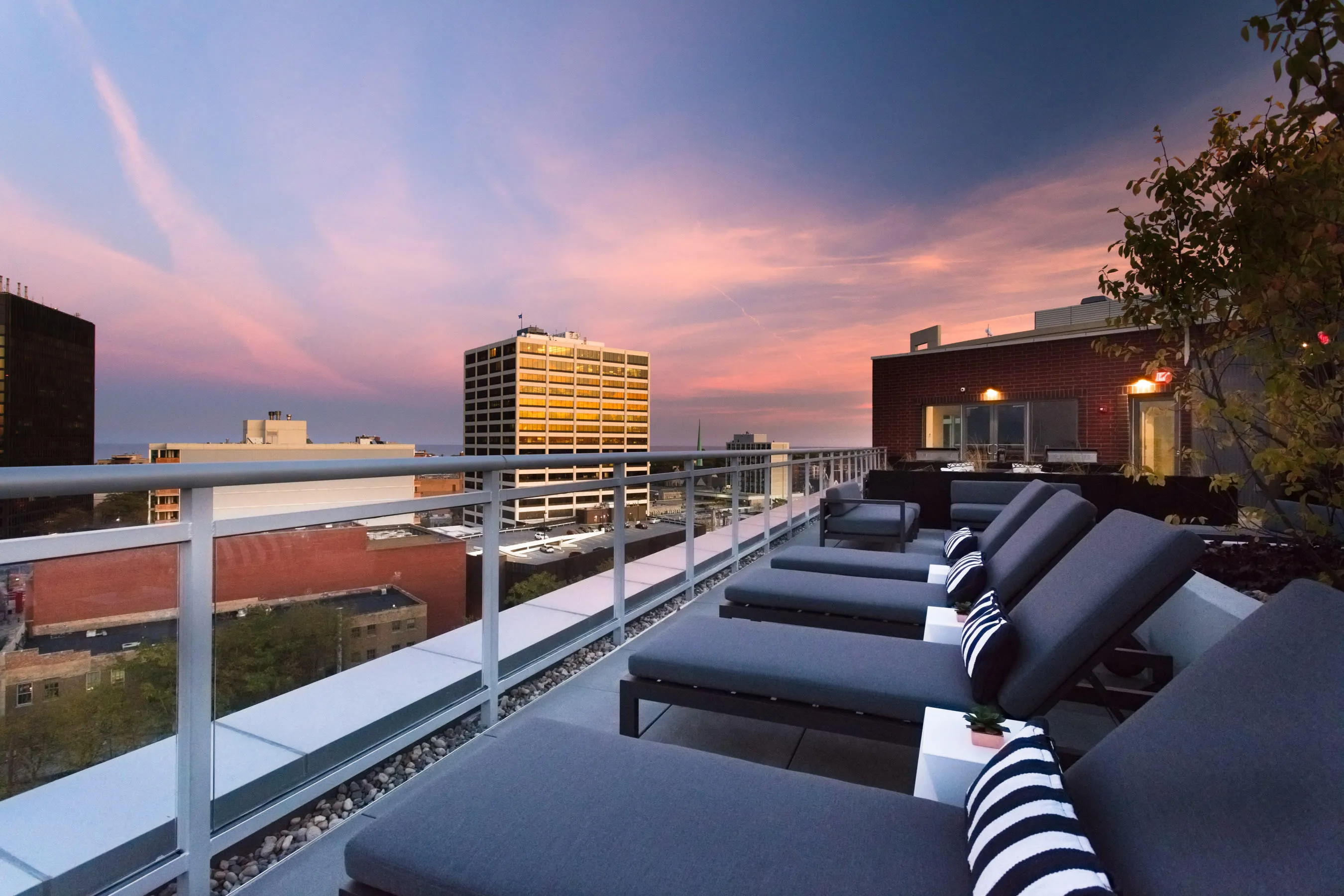 kitchen and living area in one bedroom model at Centrum Evanston Apartments