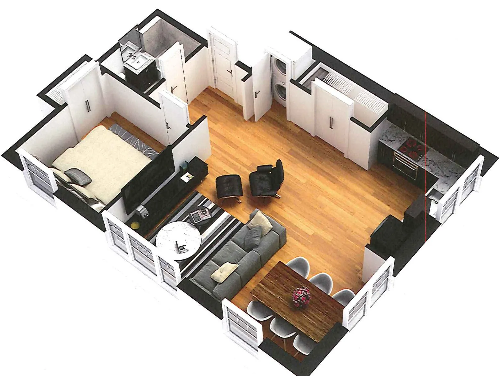 empty model living room with wood floors at 6125 North Clark Apartments