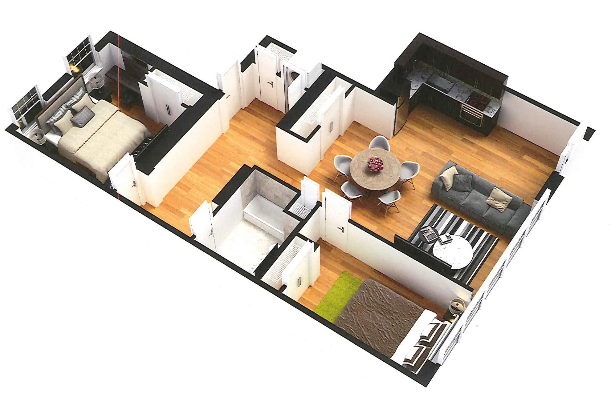 empty model living room with wood floors at 6125 North Clark Apartments