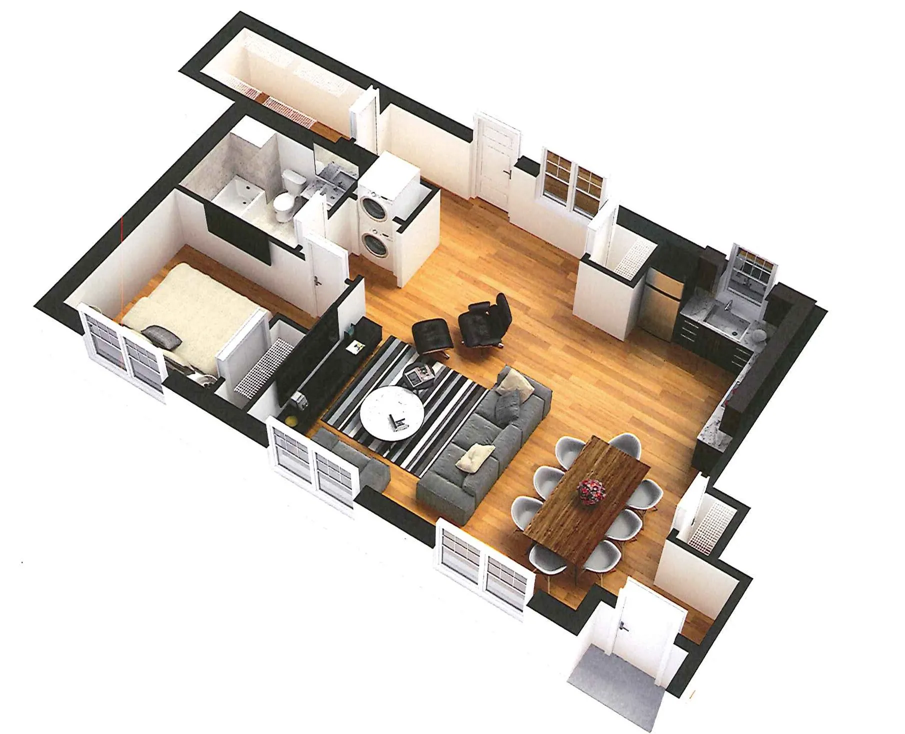 empty model living room with wood floors at 6125 North Clark Apartments