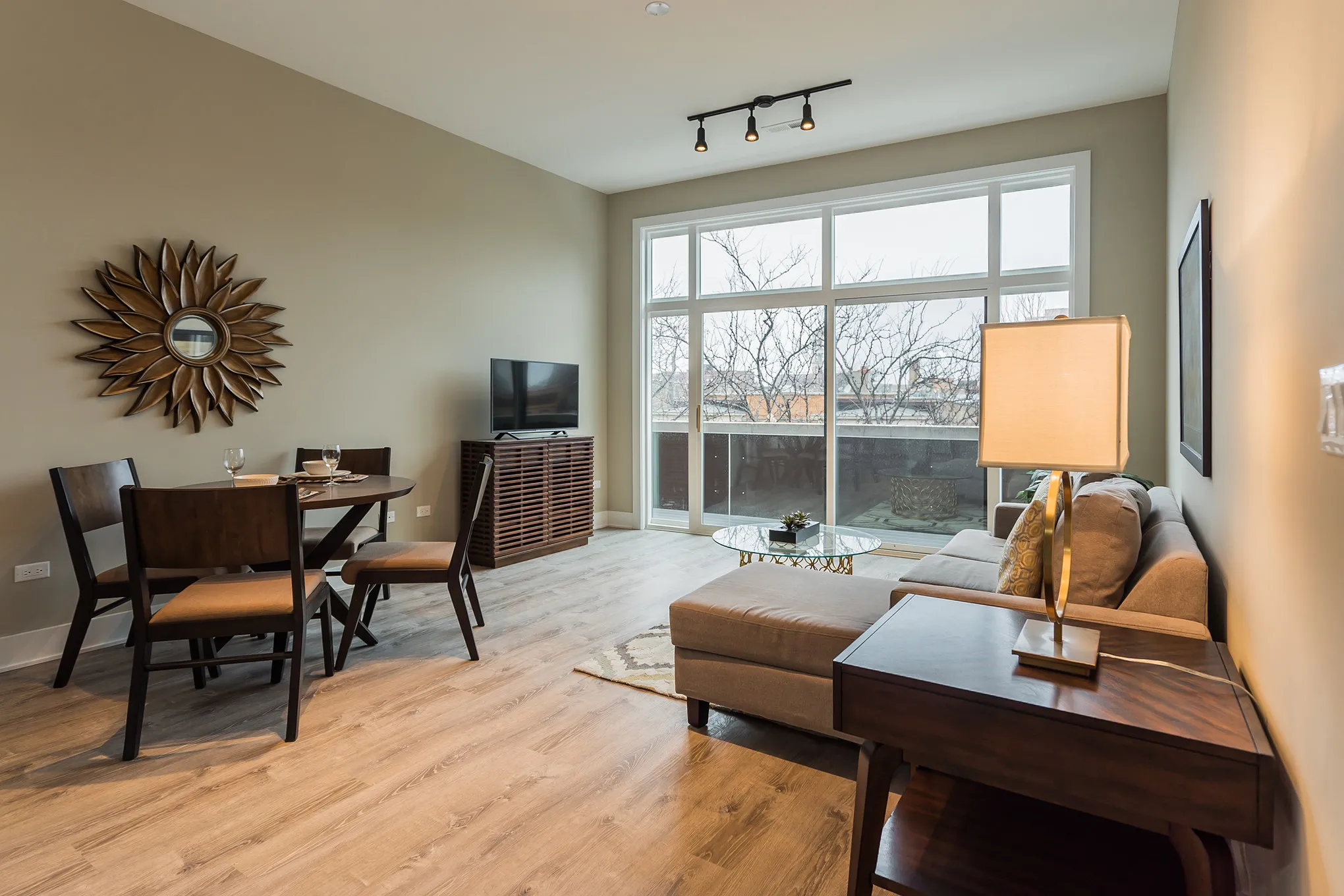 model living room at 933 West Belle Plaine in Uptown Chicago