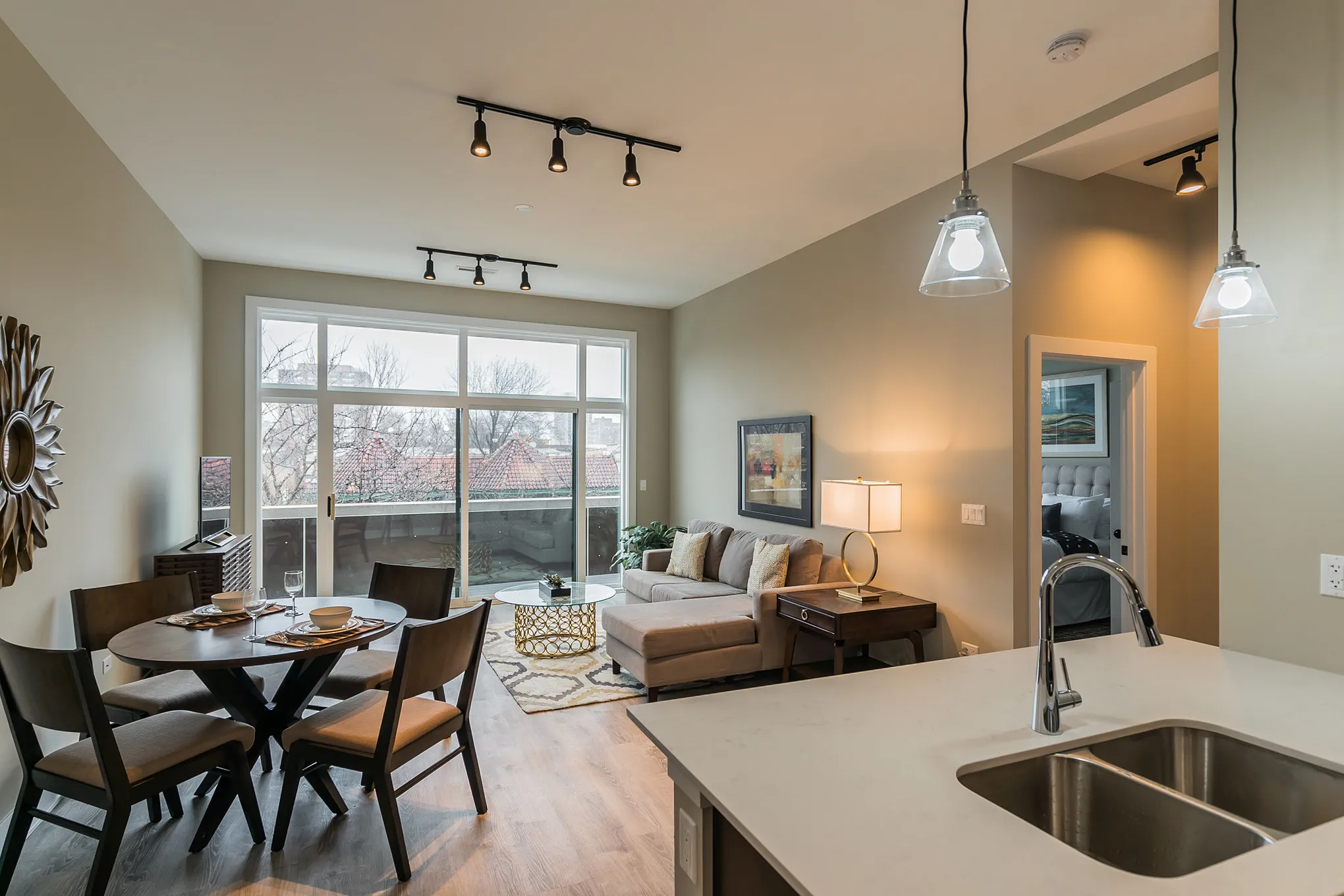 model living room at 933 West Belle Plaine in Uptown Chicago