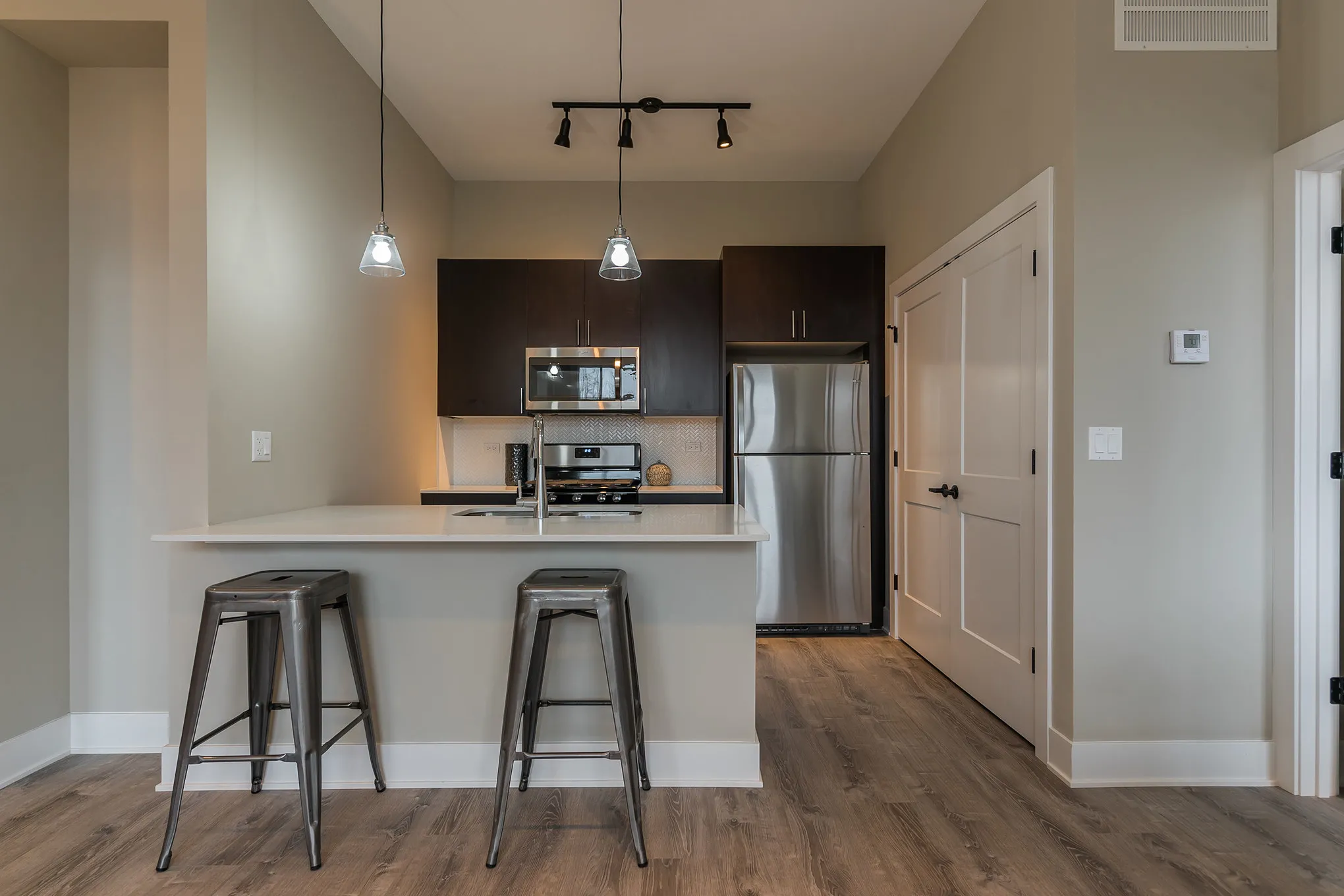model living room at 933 West Belle Plaine in Uptown Chicago