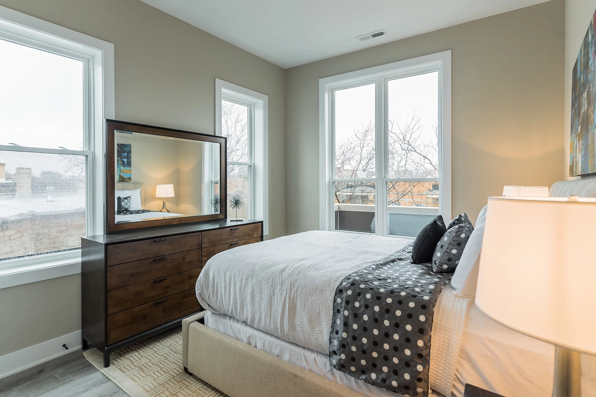 model living room at 933 West Belle Plaine in Uptown Chicago