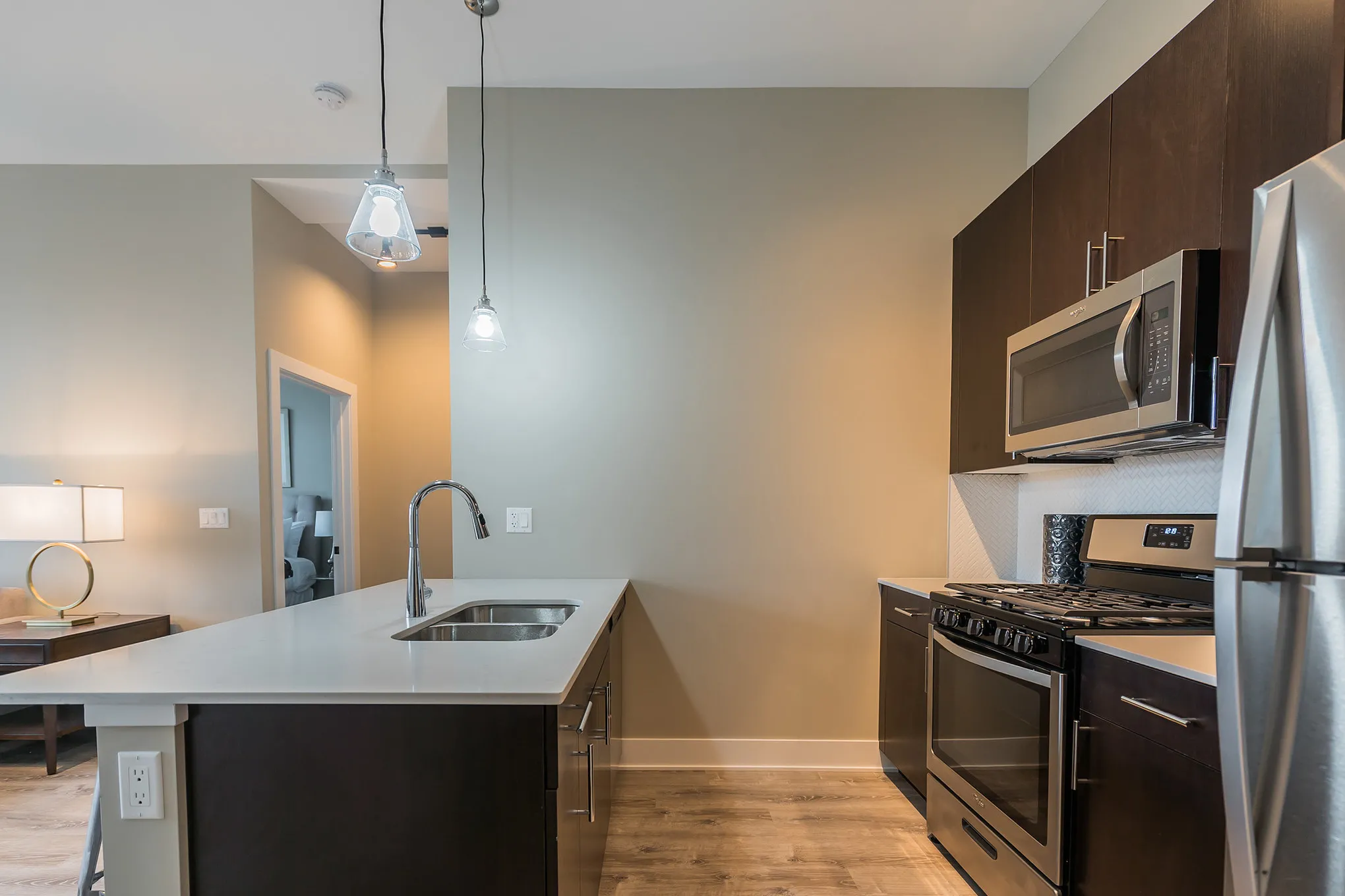model living room at 933 West Belle Plaine in Uptown Chicago