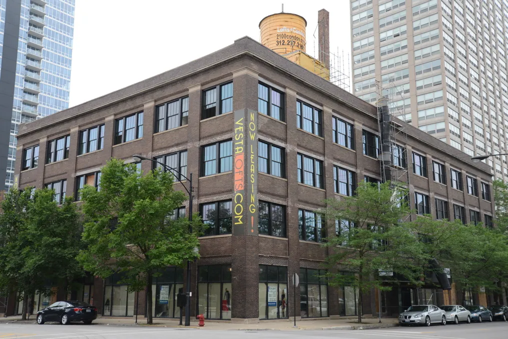 corner view of the historic Vesta Lofts in the south loop of chicago