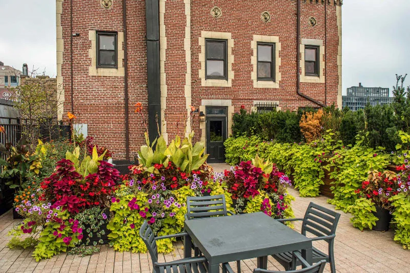 deck and flowers at The Chatelaine apartments in the Gold Coast Chicago