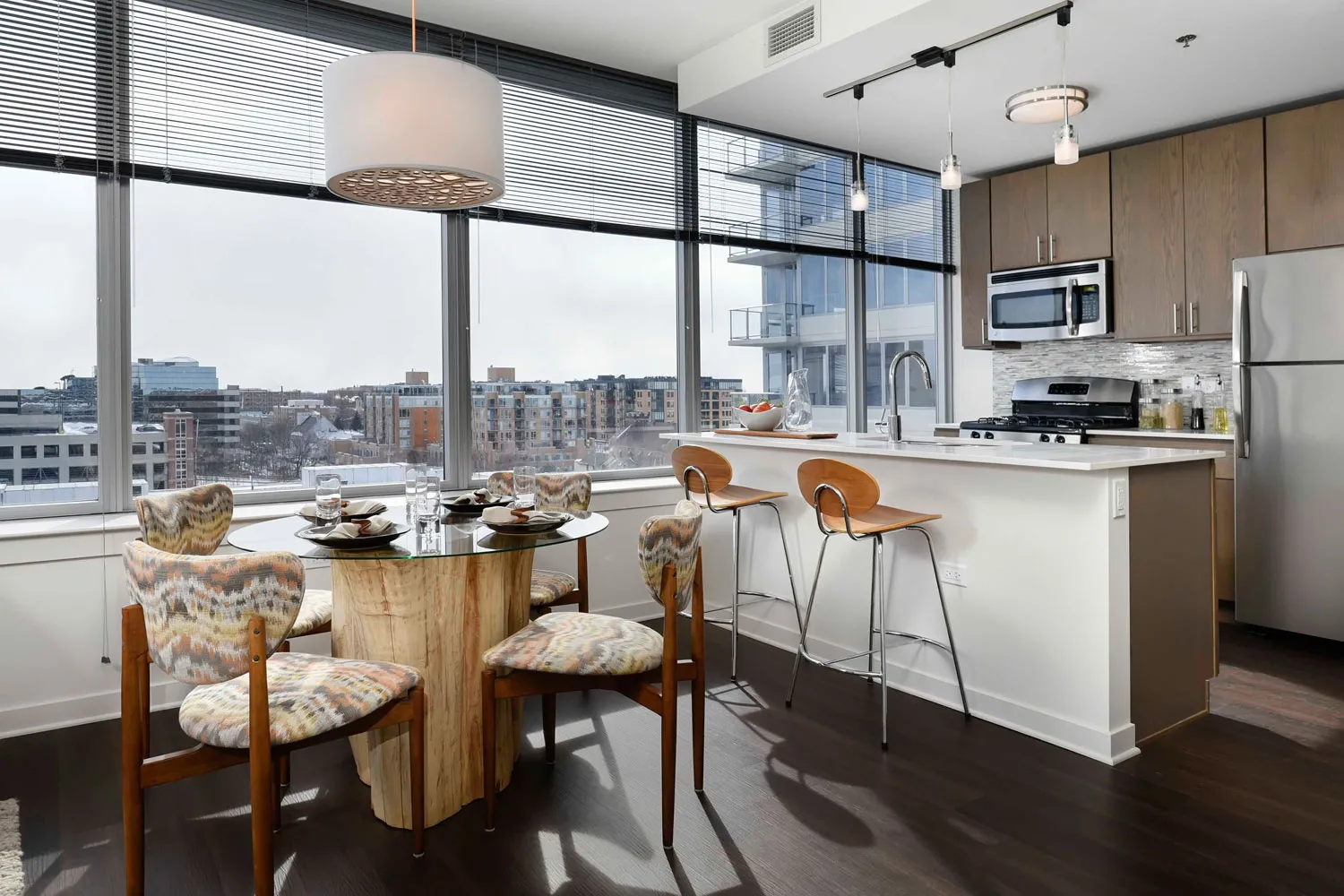a type model kitchen at E2 Apartments in Evanston IL