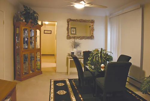 The historic tower of Jeffrey Cyril Apartments in the South Shore Chicago