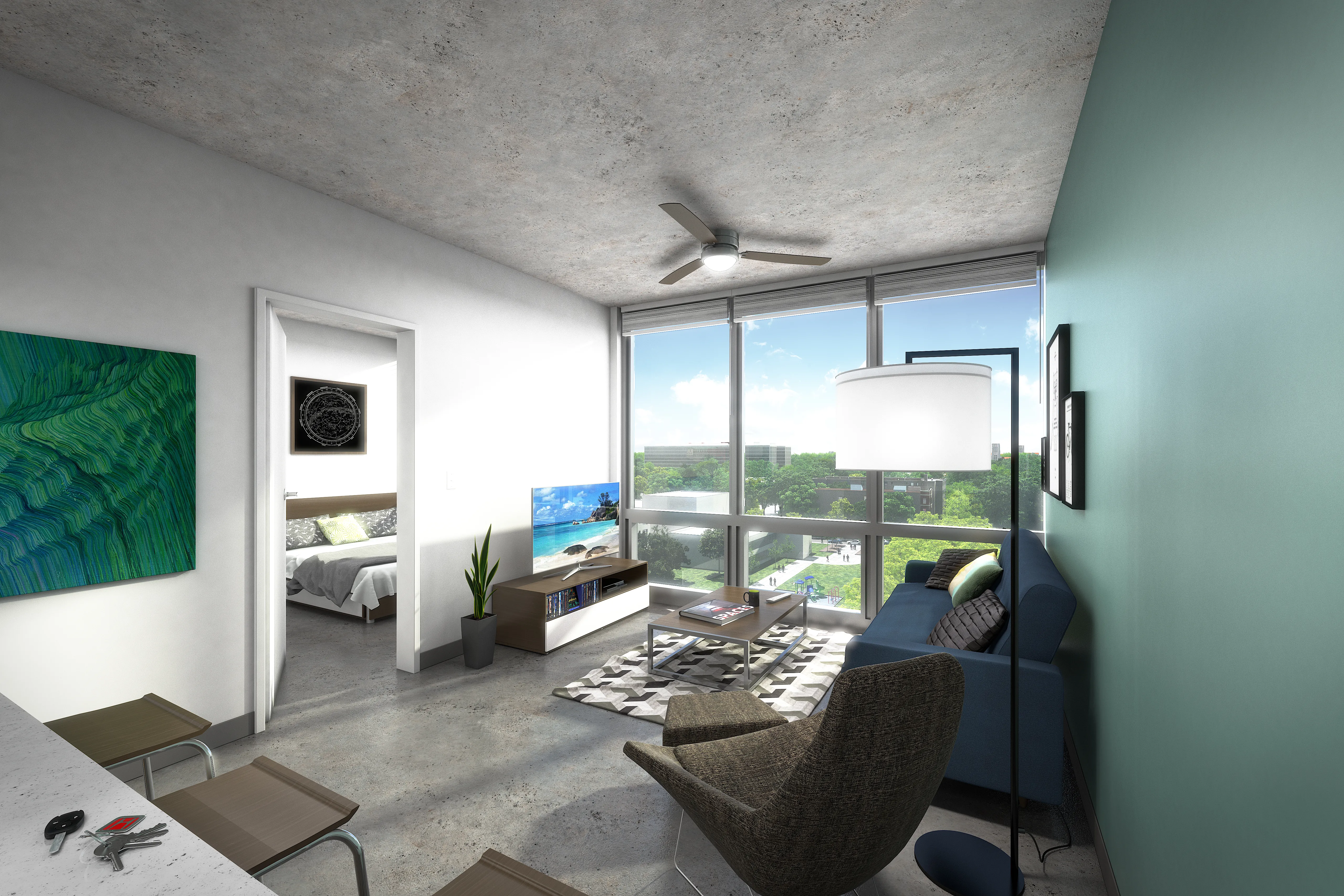 living room rendering at Vue53 Apartments in Hyde Park Chicago
