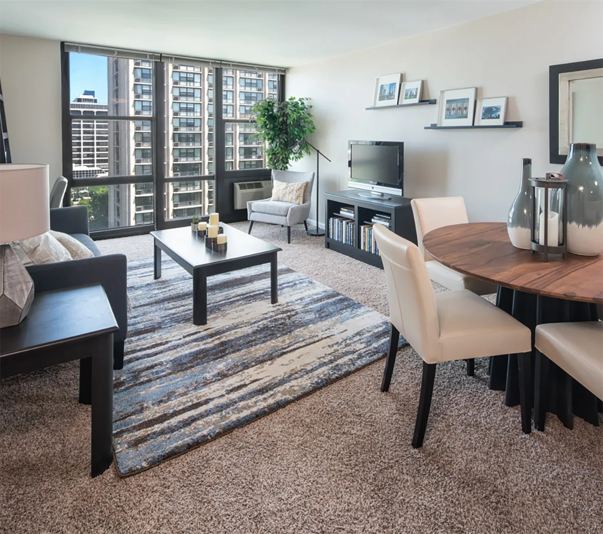 model unit furnished living room at Eden Common Apartments in Bronzeville