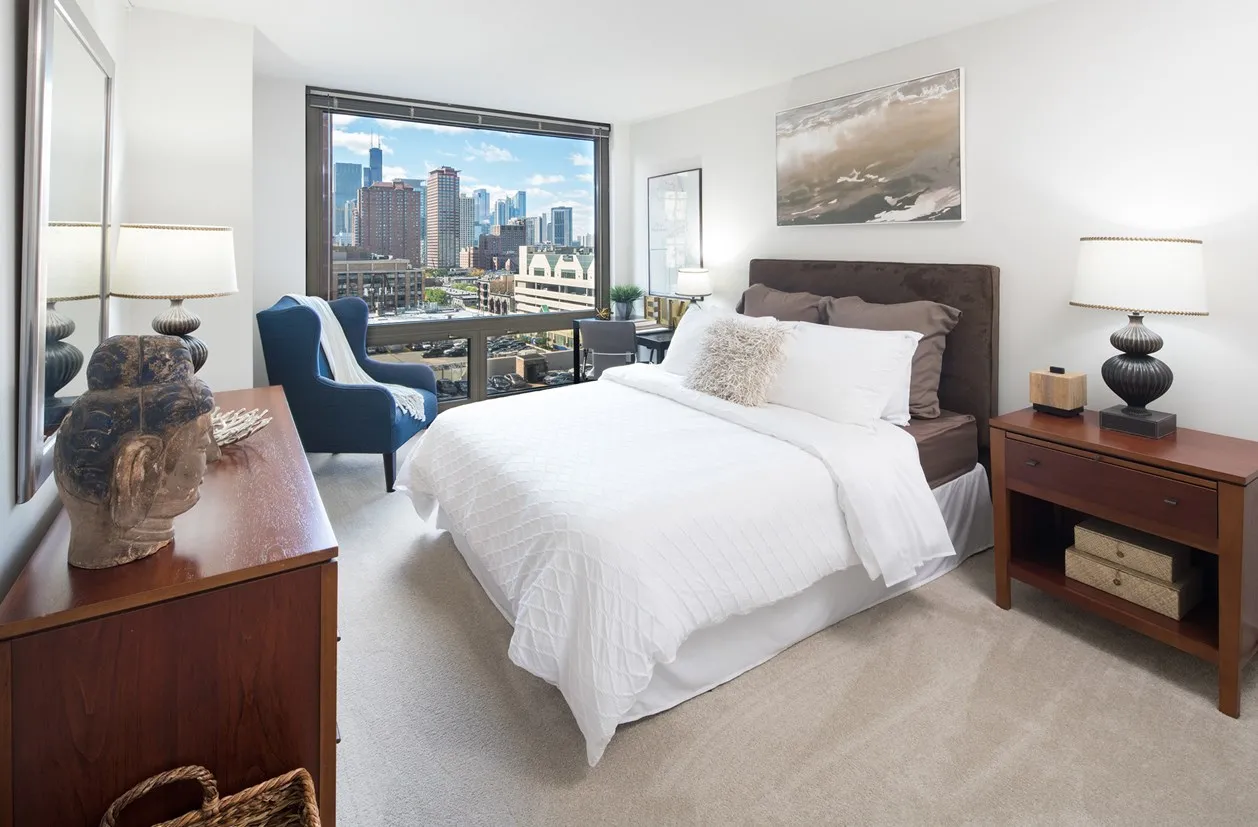 living room furnished model unit at Elm Street Plaza Apartments