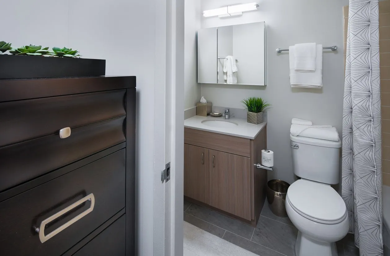 living room furnished model unit at Elm Street Plaza Apartments