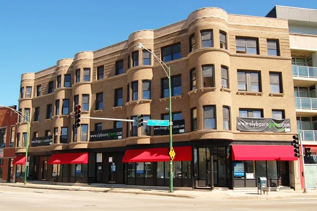 light brown brick exterior of 2401 N Clybourn Apartments