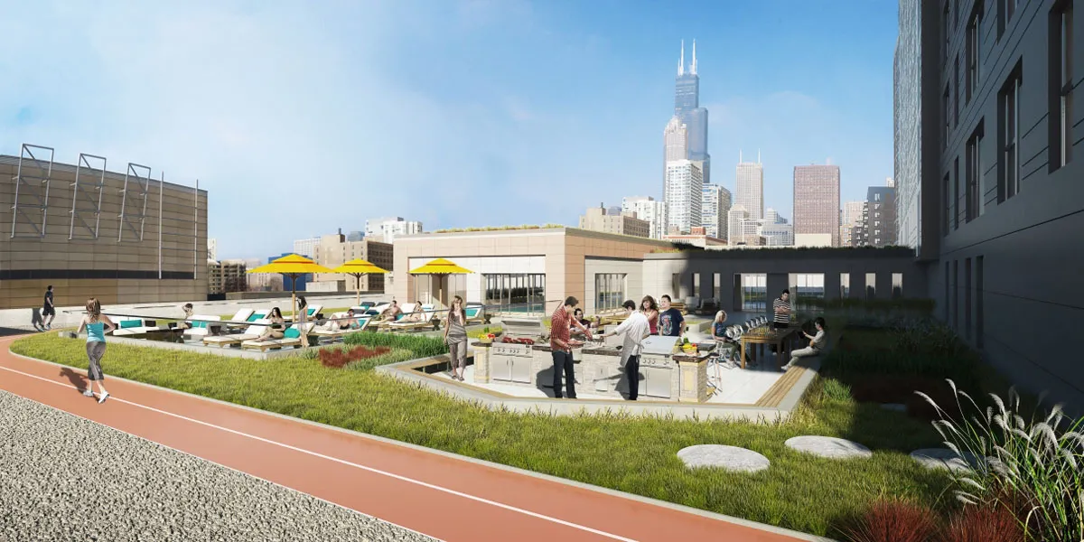 living room and skyline view at 1000 South Clark Apartments