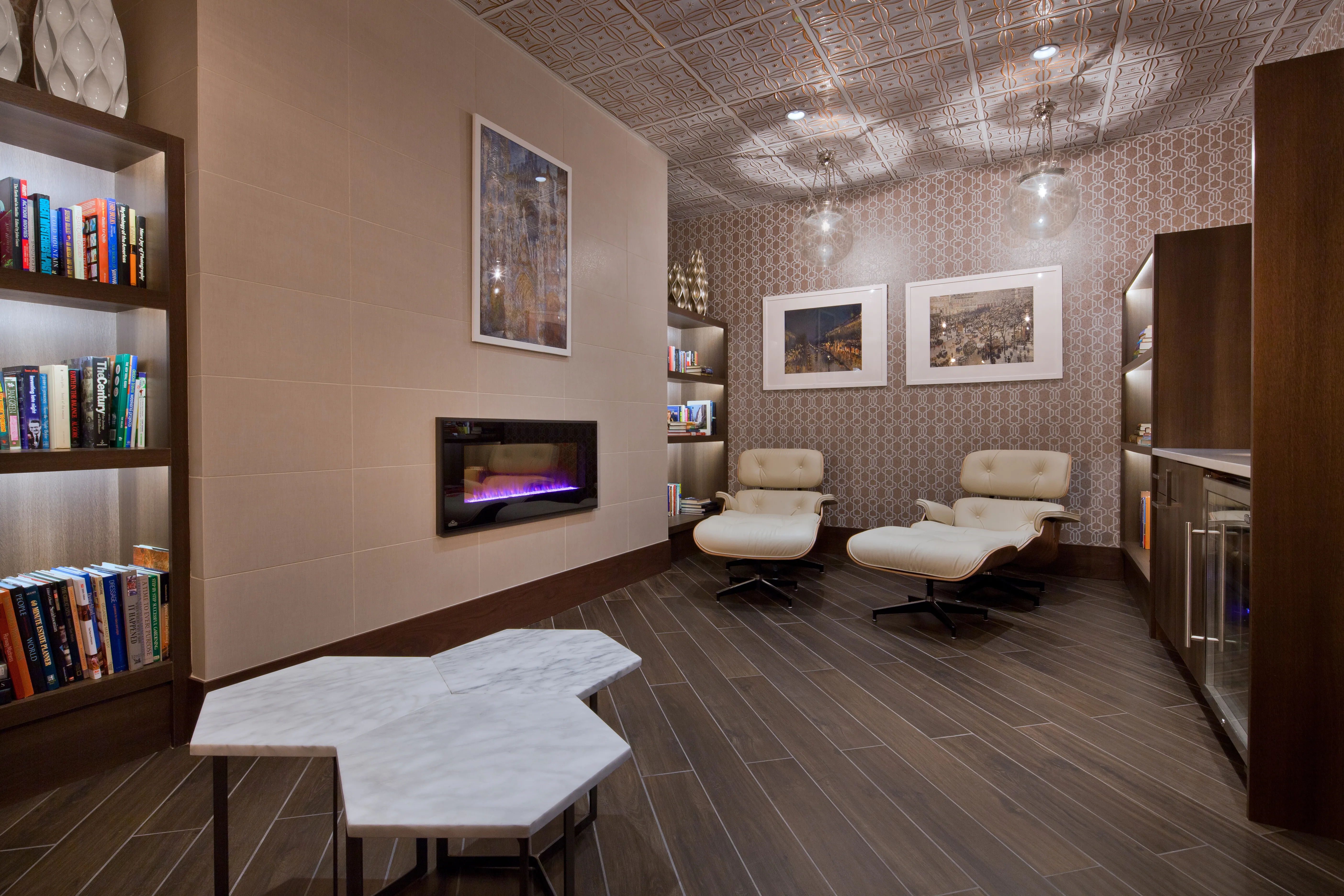 living room and skyline view at 1000 South Clark Apartments