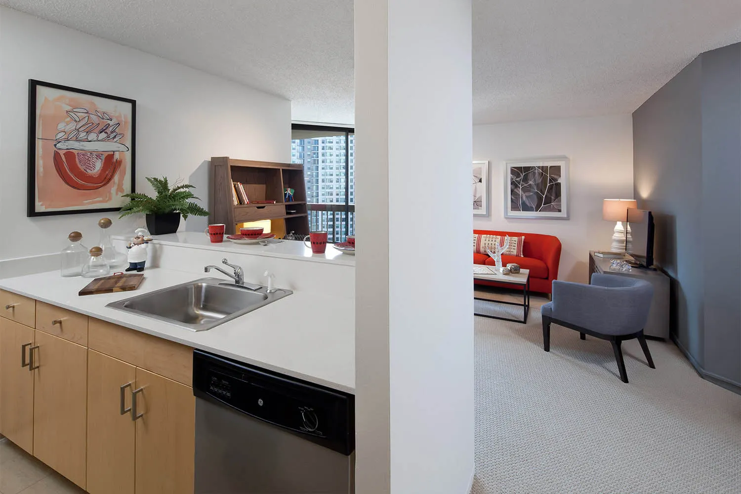 kitchen and breakfast table in model at Asbury Plaza Apartments