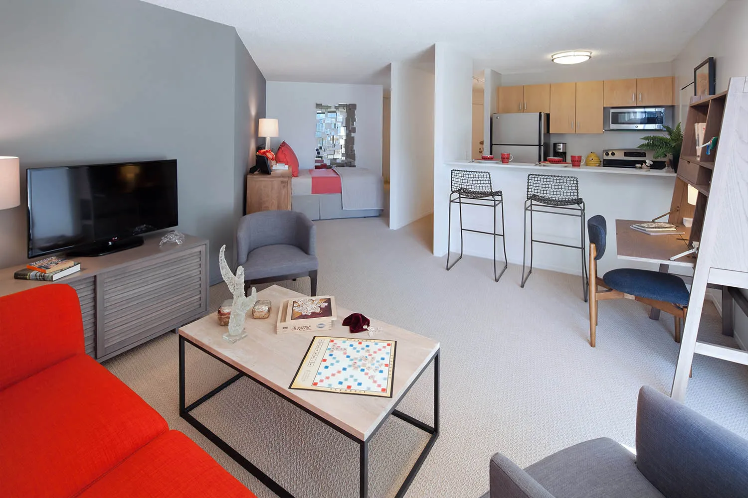 kitchen and breakfast table in model at Asbury Plaza Apartments