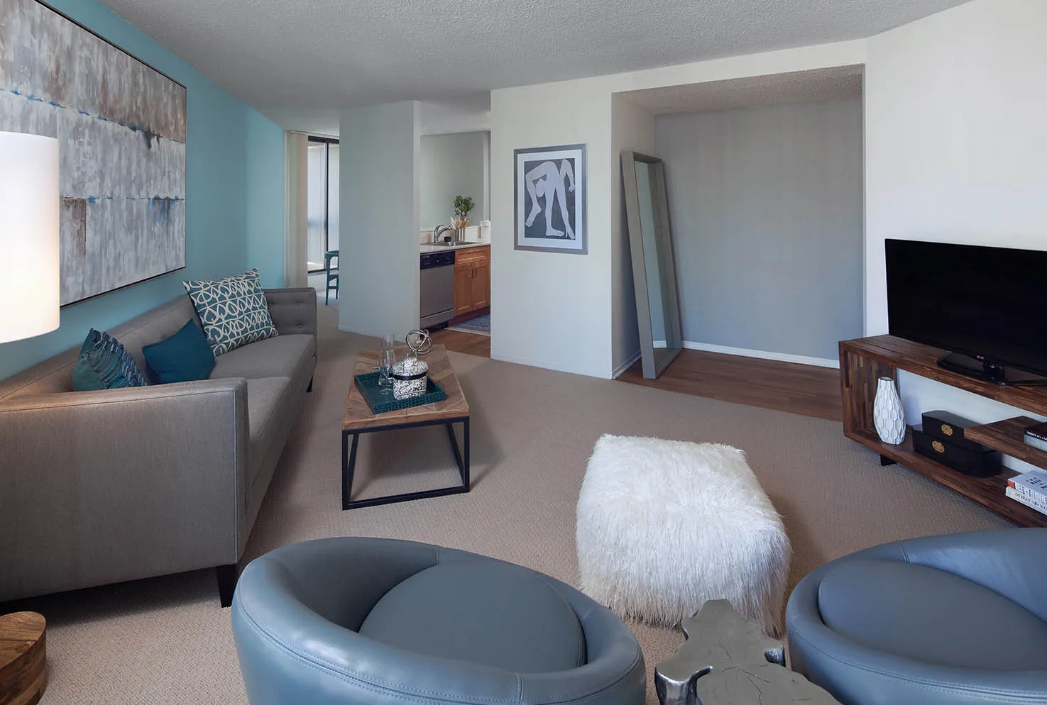 kitchen and breakfast table in model at Asbury Plaza Apartments