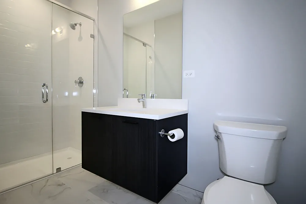 model living room at 713 North Milwaukee Apartments in Chicago