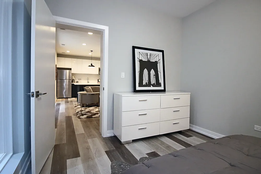 model living room at 713 North Milwaukee Apartments in Chicago