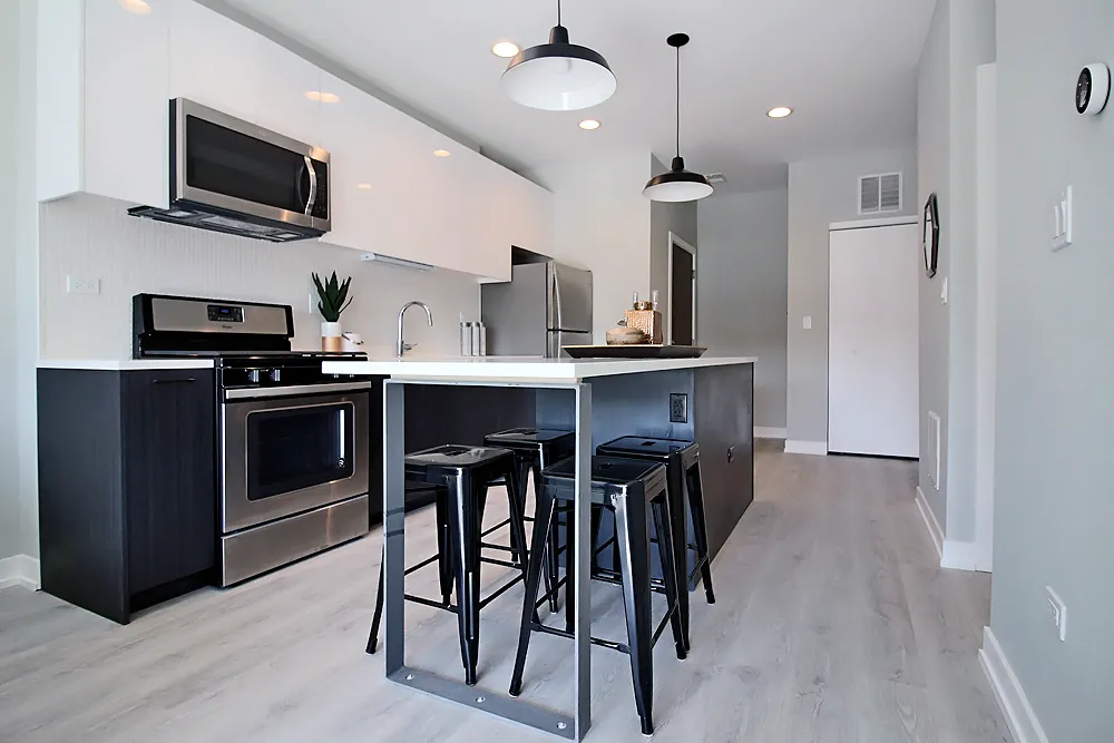 model living room at 713 North Milwaukee Apartments in Chicago