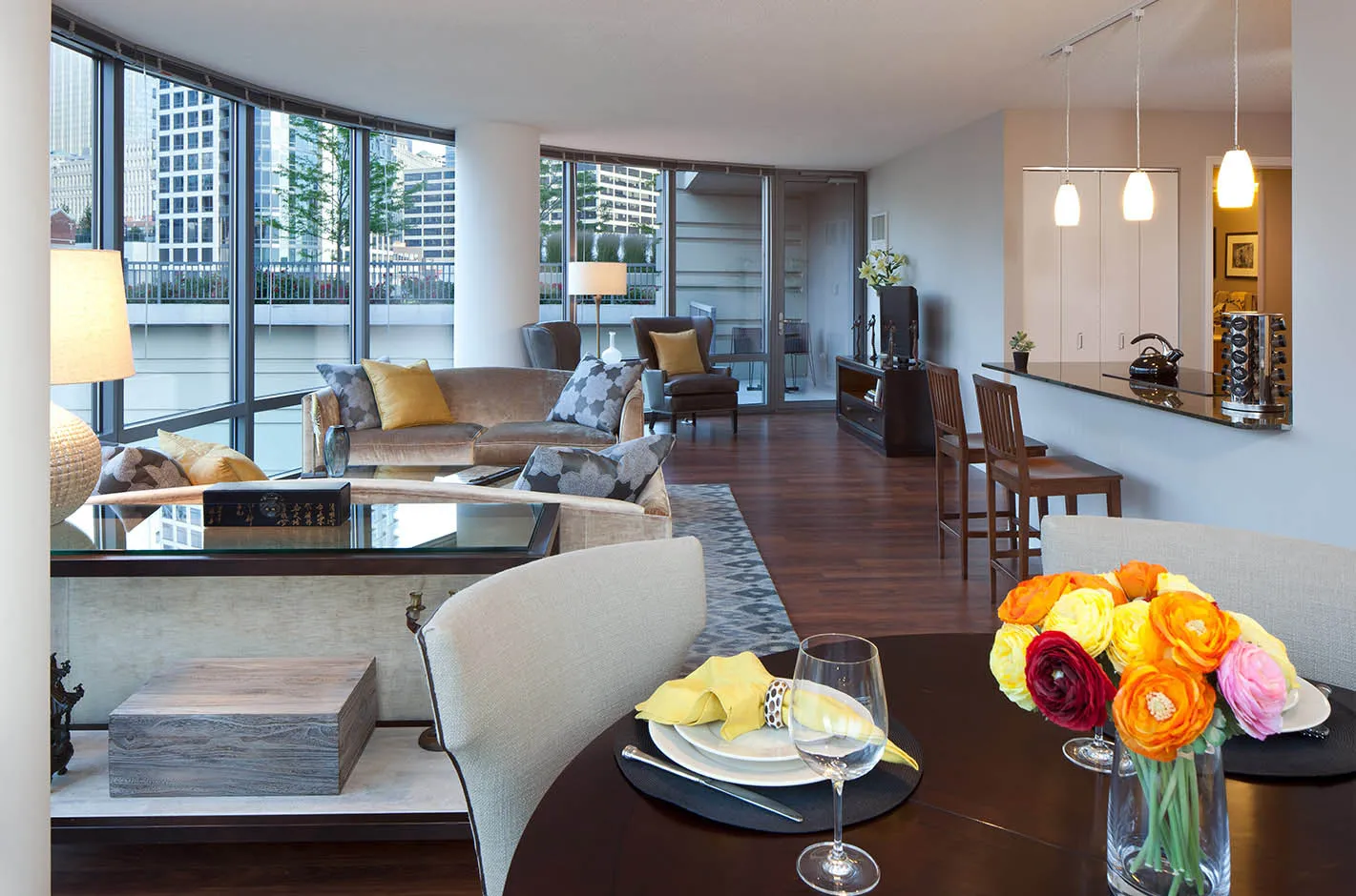 kitchen and living room at Kingsbury Plaza Apartments in River North Chicag
