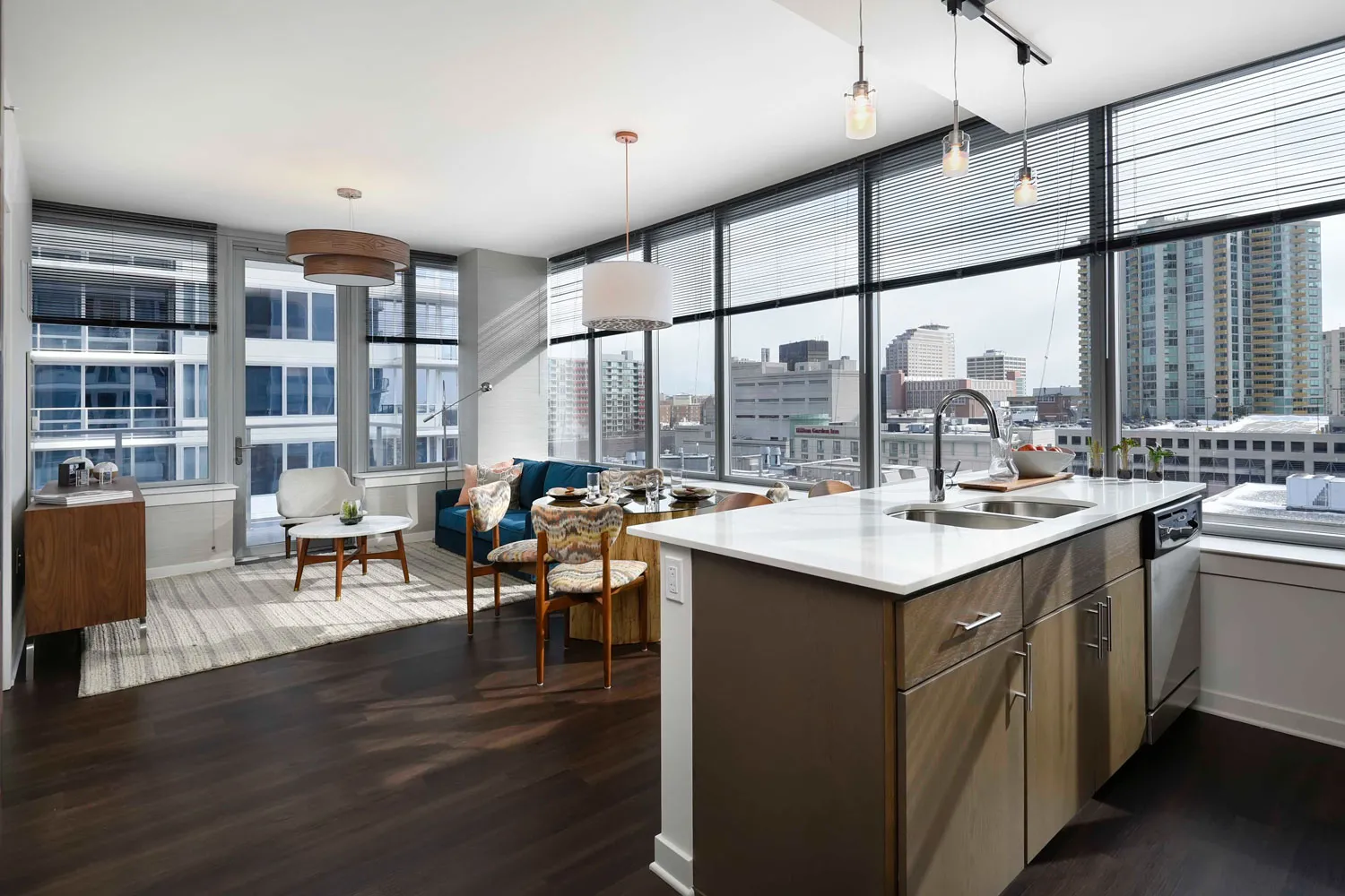 a type model kitchen at E2 Apartments in Evanston IL