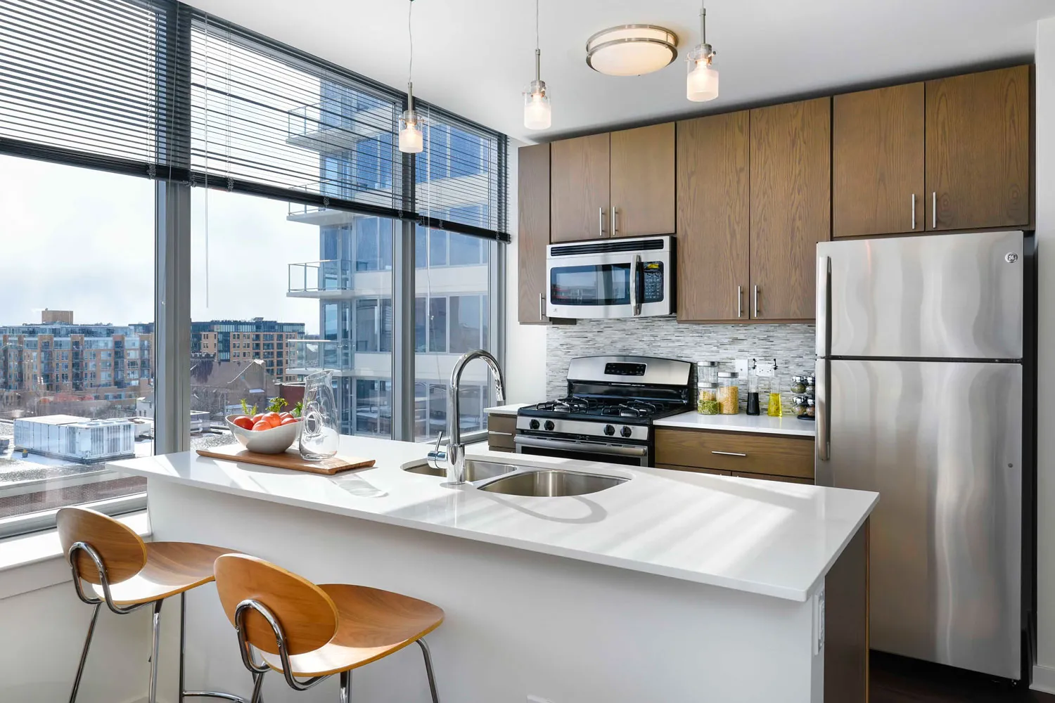 a type model kitchen at E2 Apartments in Evanston IL