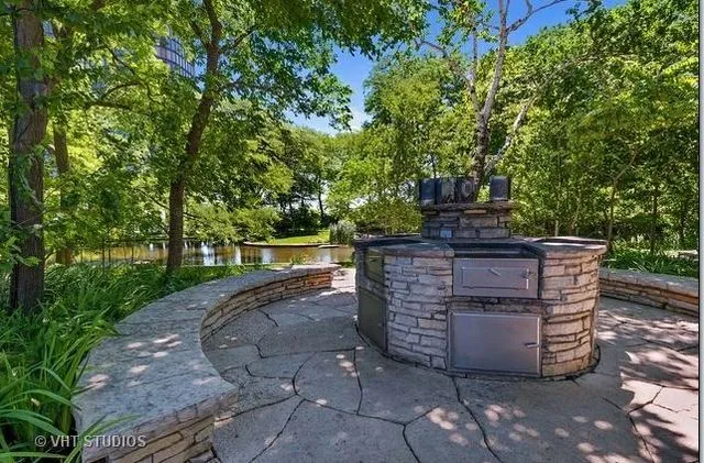outdoor grilling station at Chicago condominium building Lake Point Tower