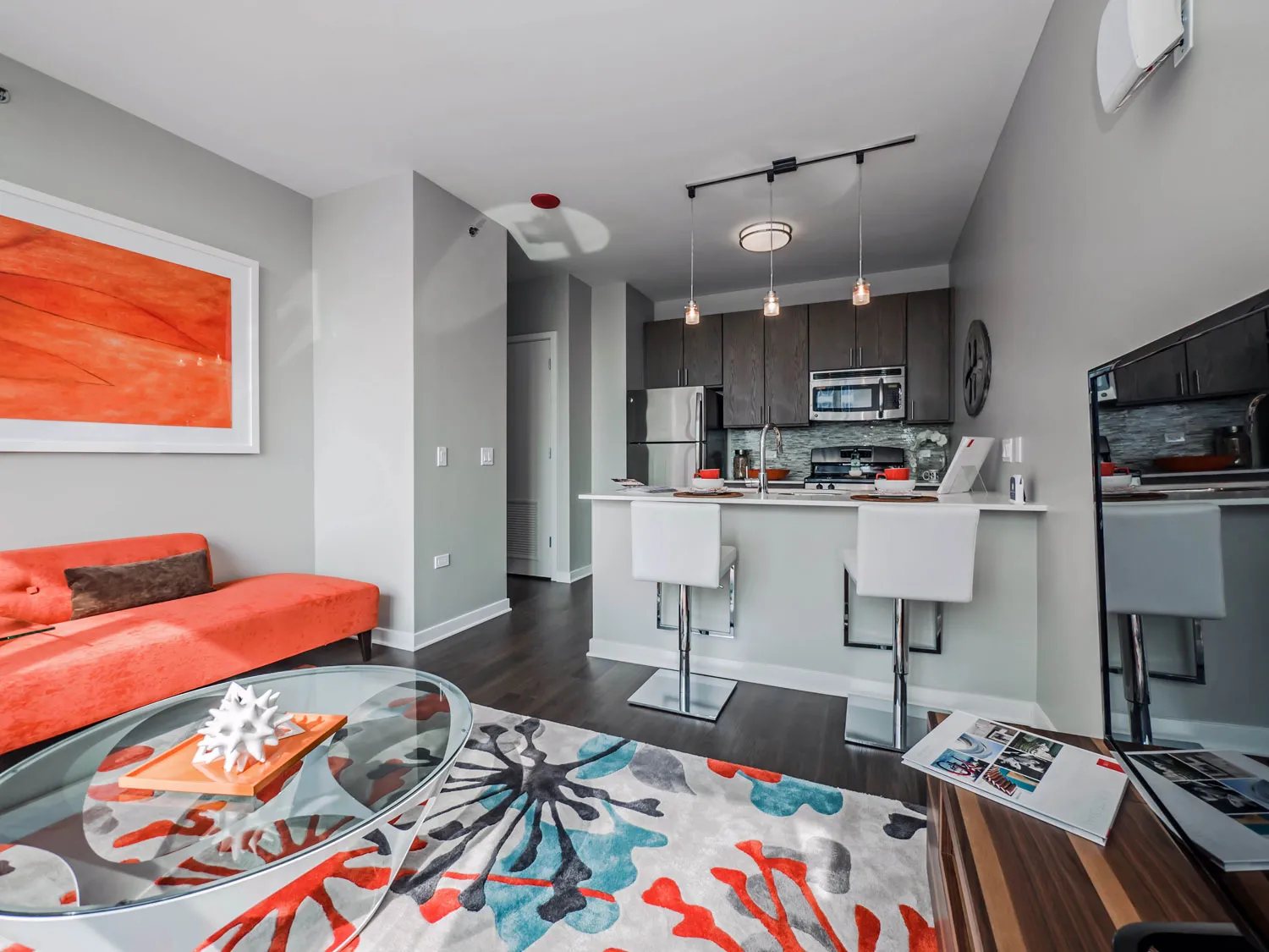 a type model kitchen at E2 Apartments in Evanston IL