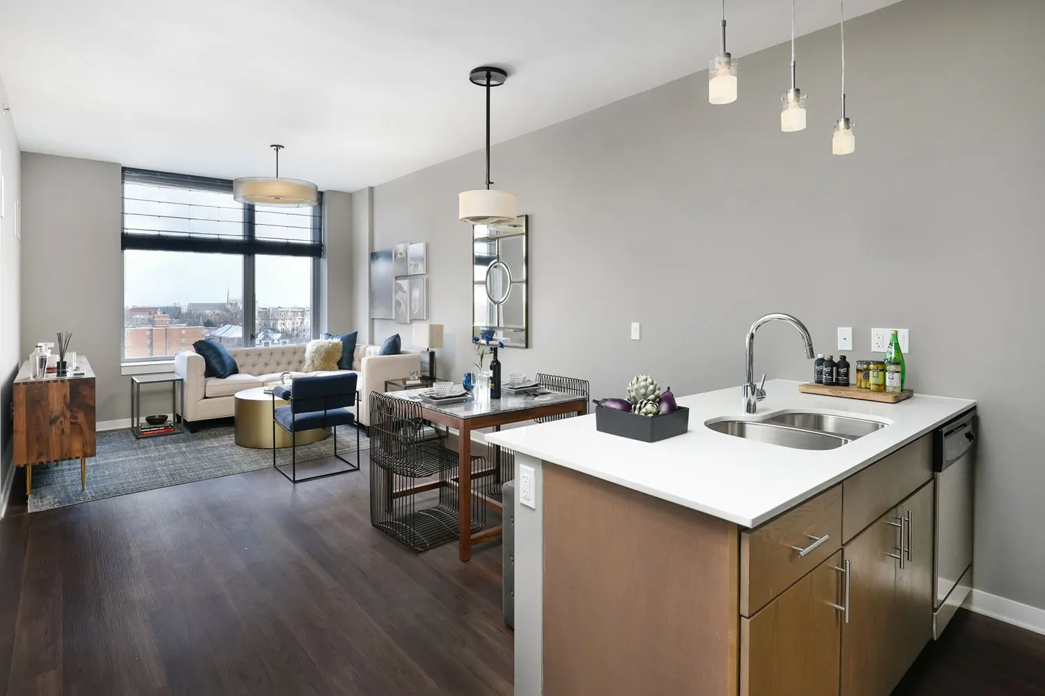 a type model kitchen at E2 Apartments in Evanston IL