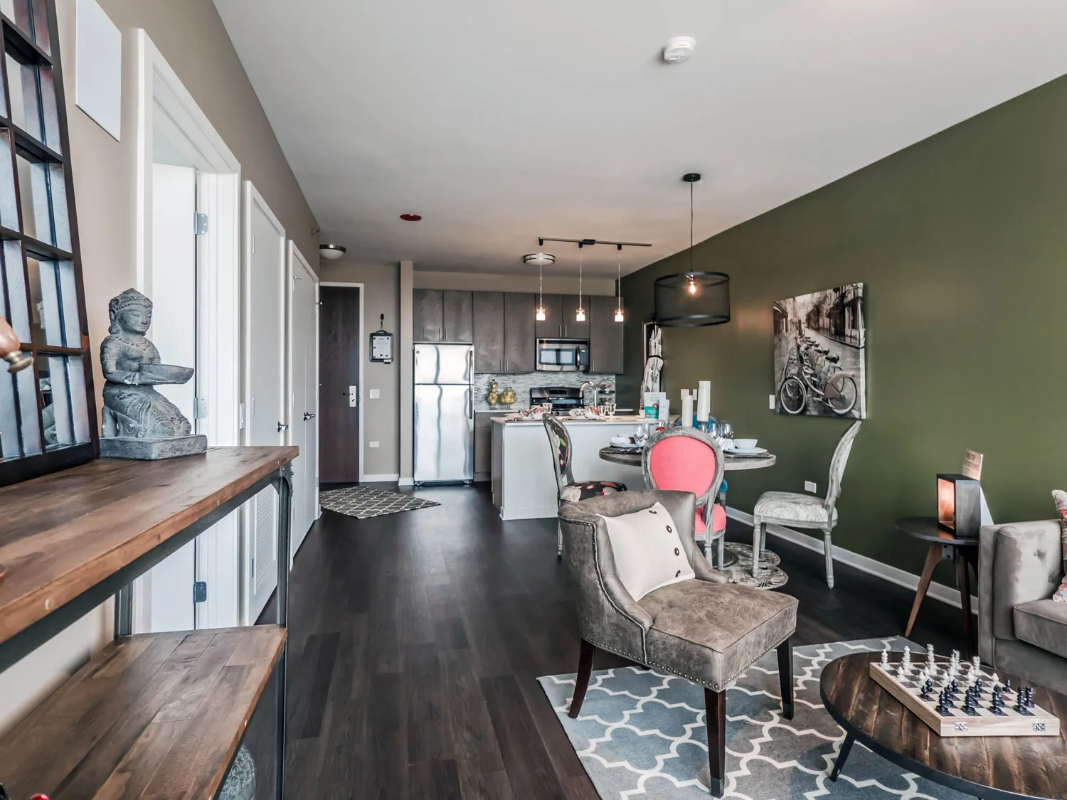 a type model kitchen at E2 Apartments in Evanston IL