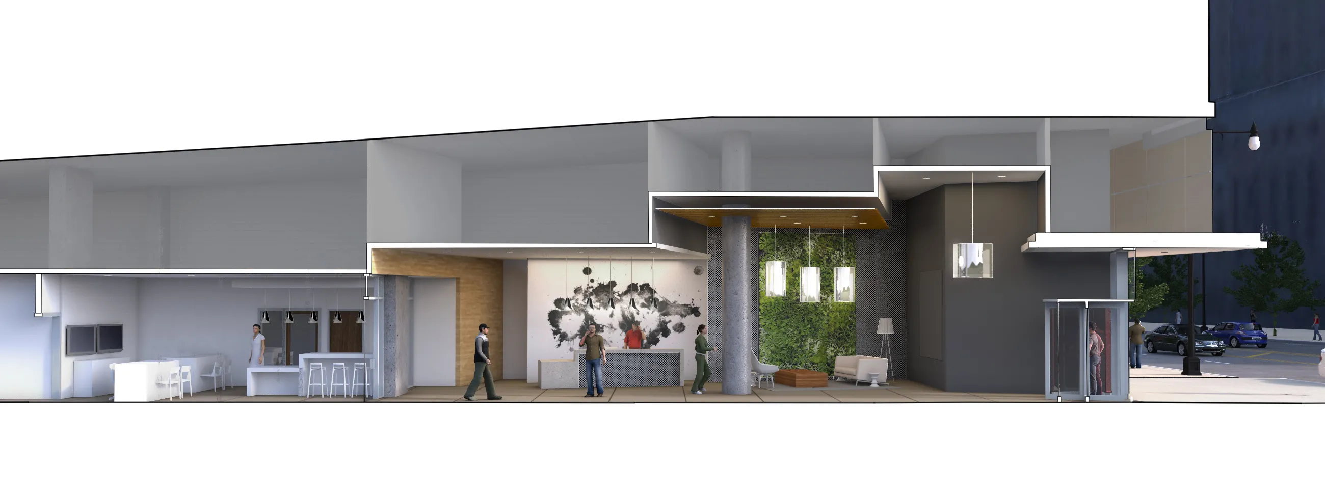 kitchen island, living area and view of the lake at Eleven40 Apartments