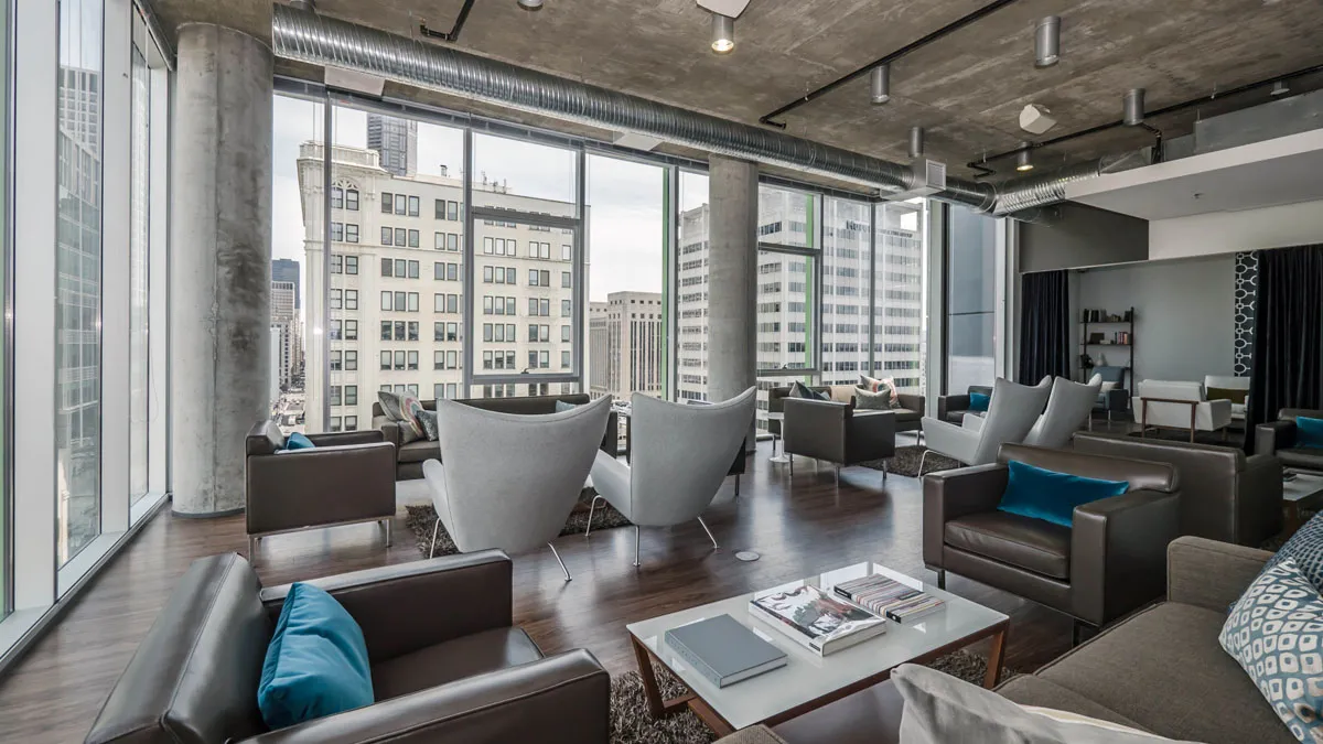 living room model apartment at JeffJack Apartments in the Chicago Loop