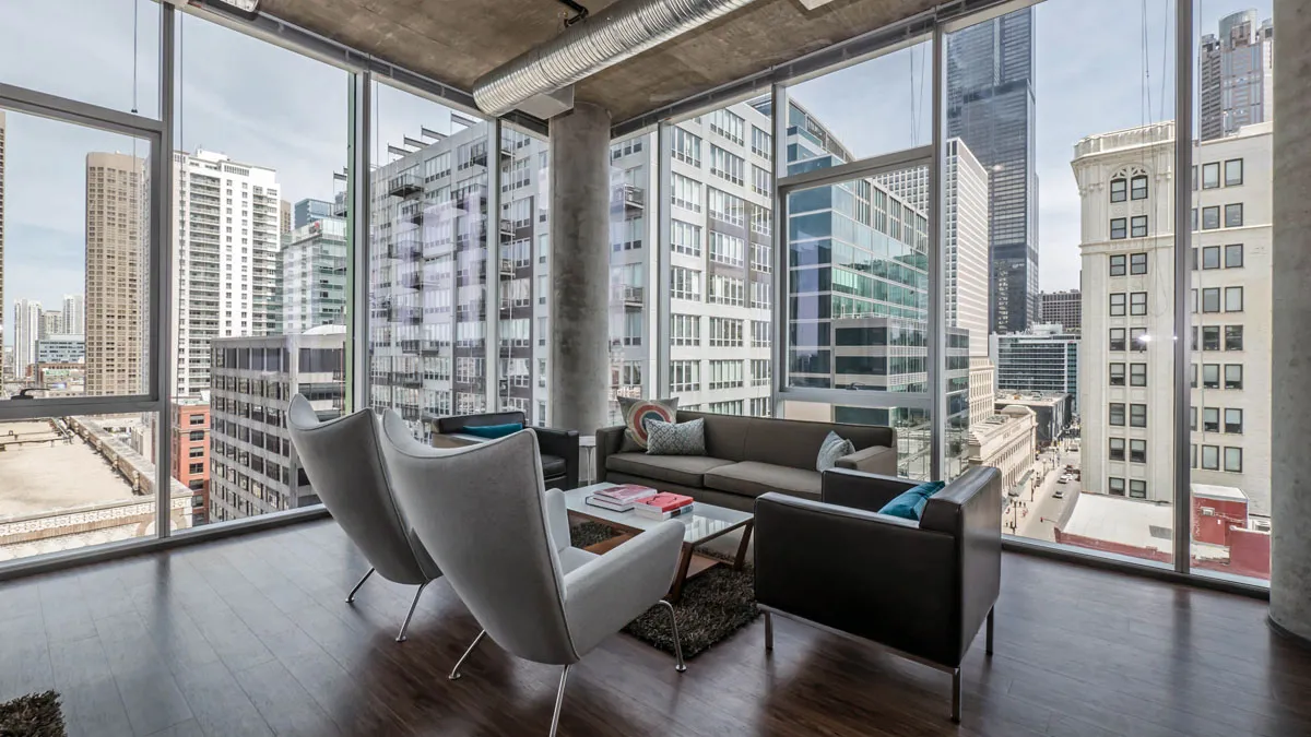 living room model apartment at JeffJack Apartments in the Chicago Loop
