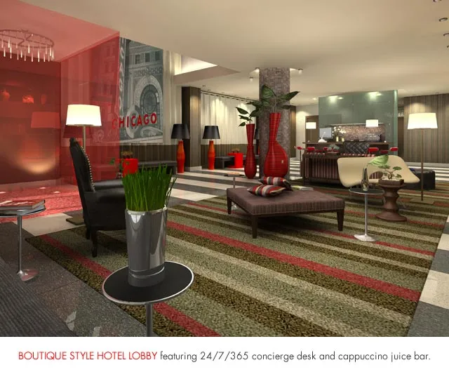 entrance to MDA City Club Apartments with red bench a flowers in pot