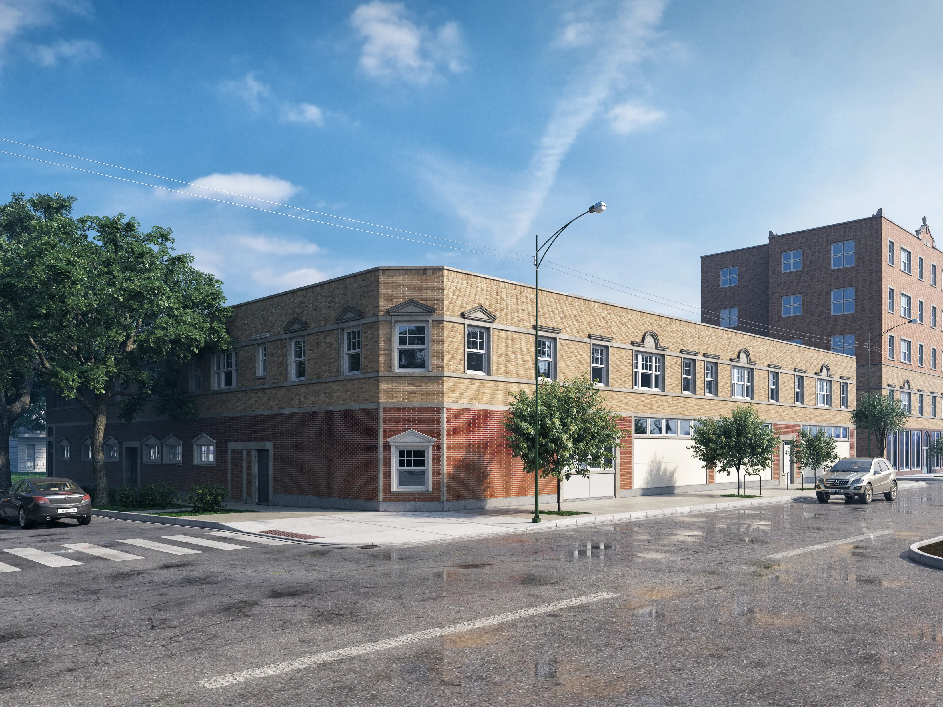 empty model living room with wood floors at 6125 North Clark Apartments