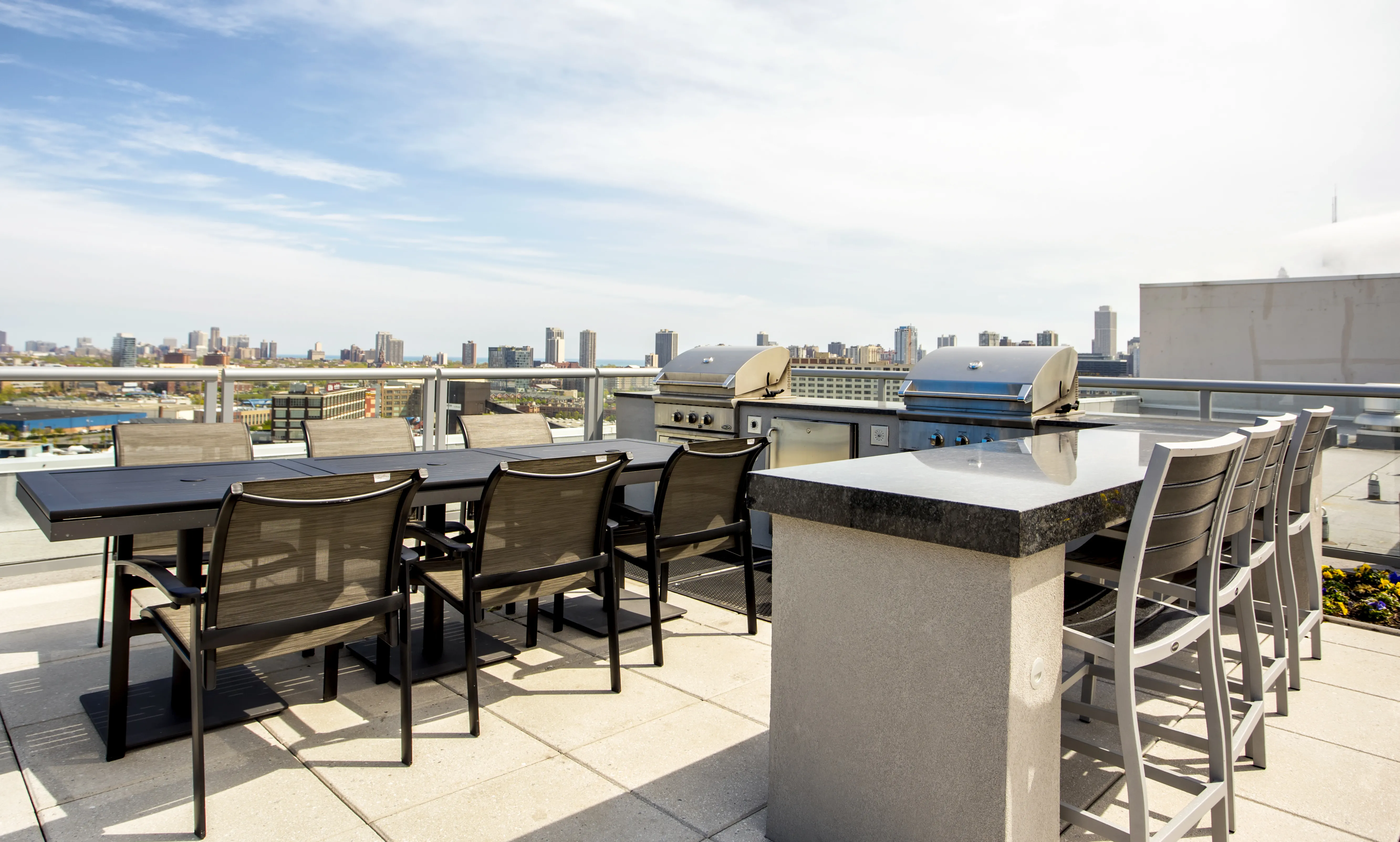 living room and view of chicago at Mondial River West Apartments