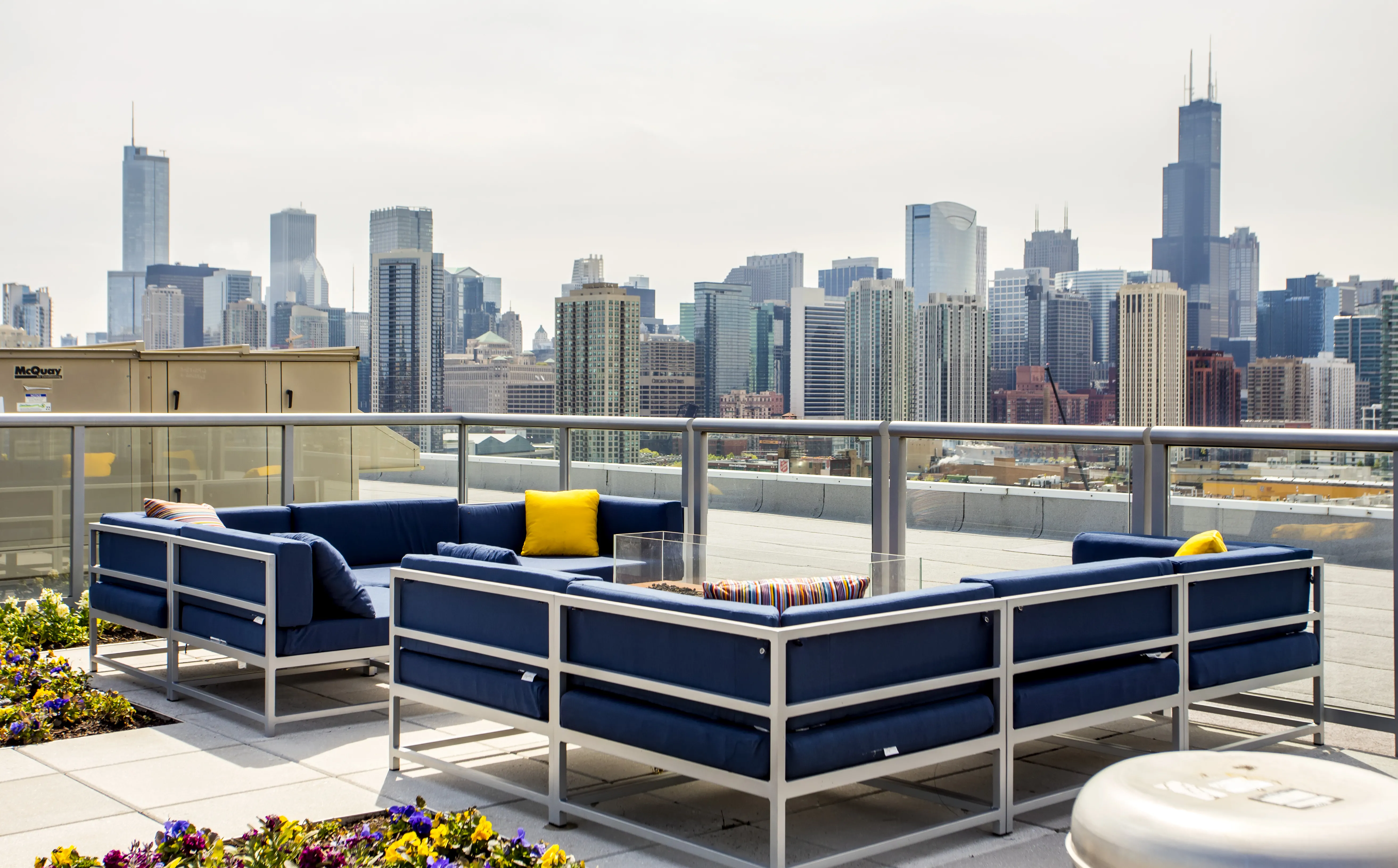 living room and view of chicago at Mondial River West Apartments