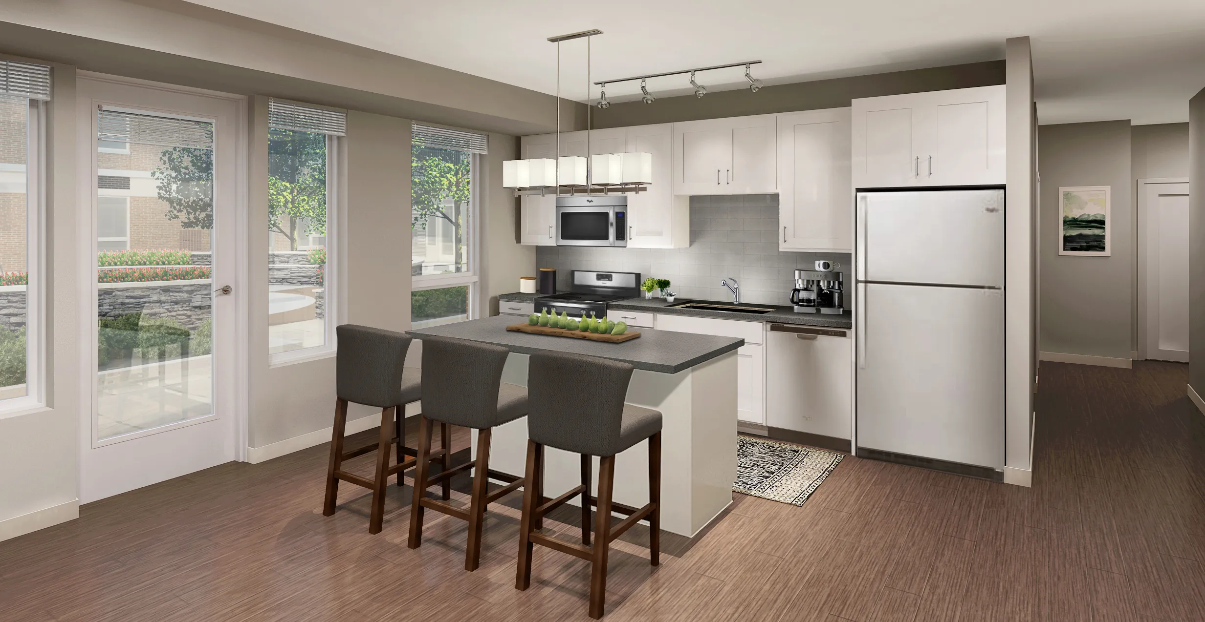 furnished model kitchen and living room at Park 205 Apartments