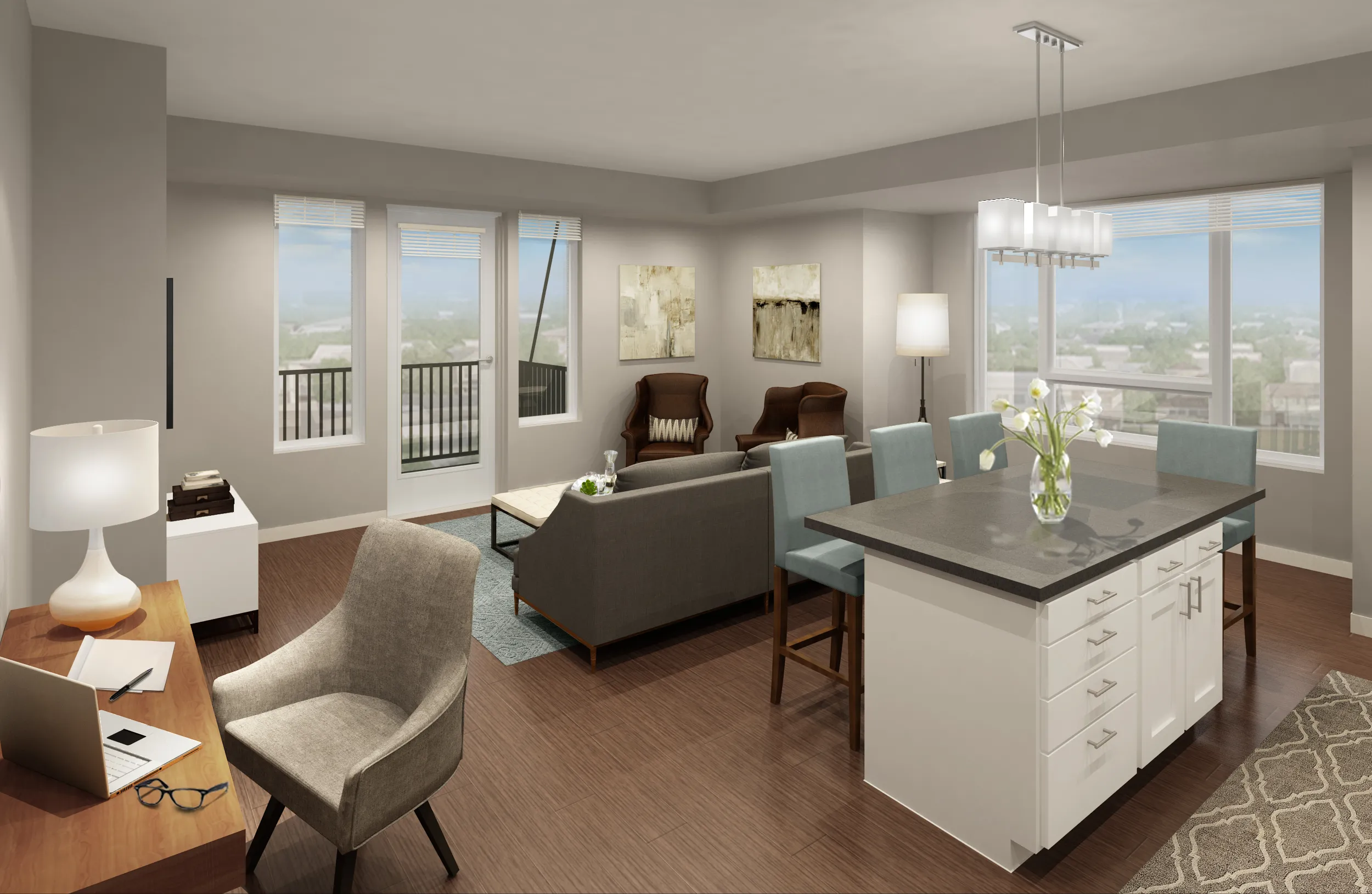furnished model kitchen and living room at Park 205 Apartments