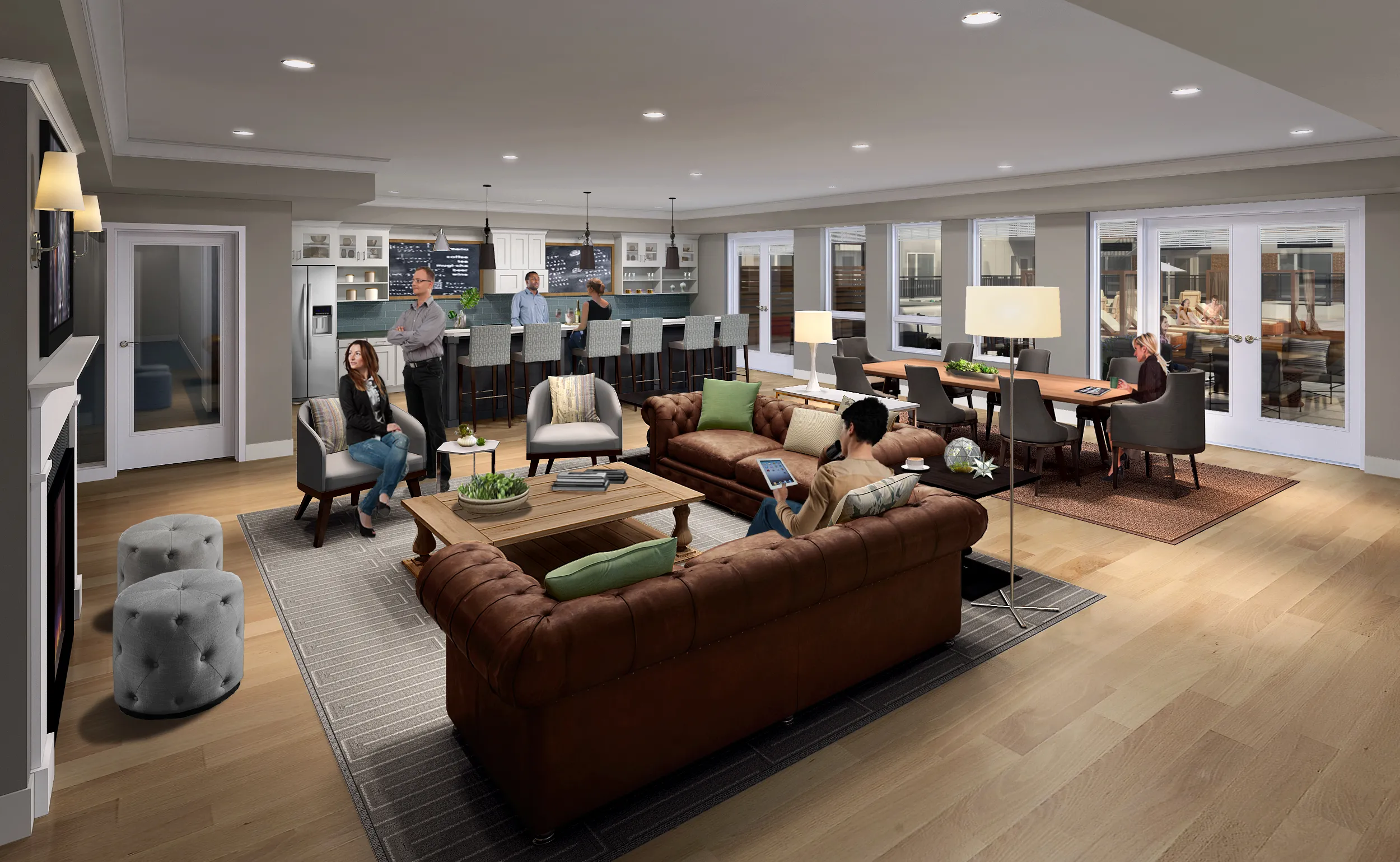 furnished model kitchen and living room at Park 205 Apartments