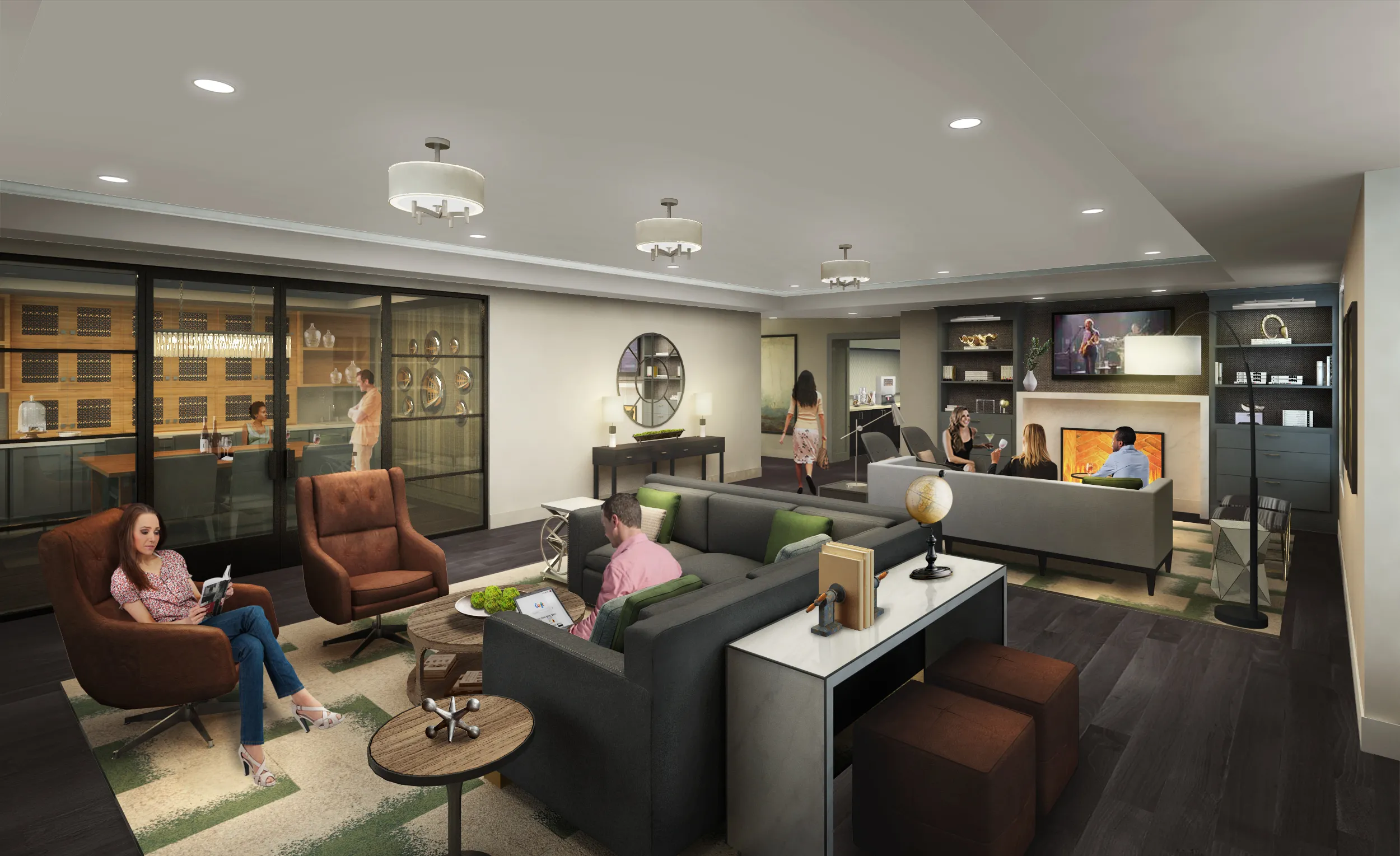 furnished model kitchen and living room at Park 205 Apartments