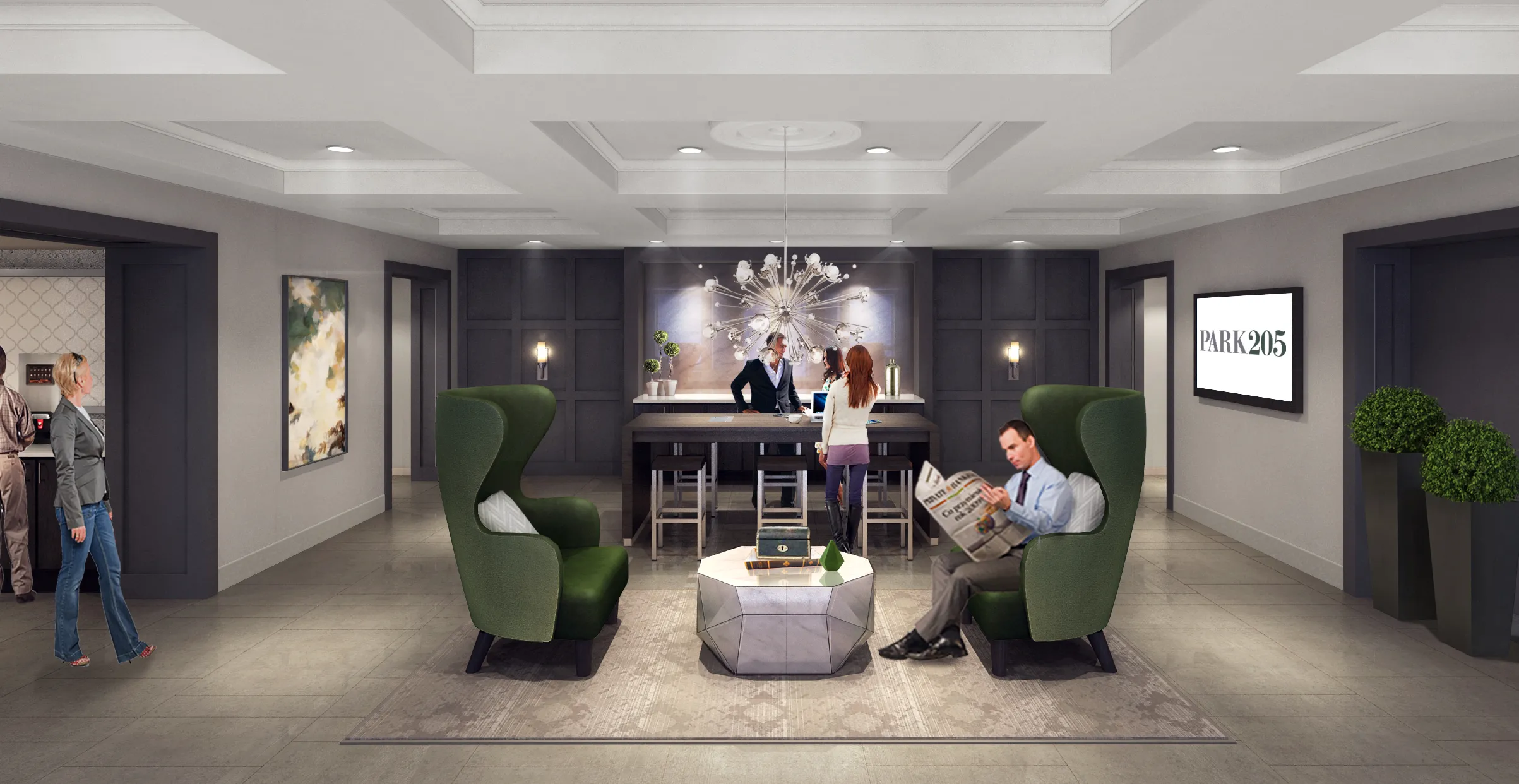 furnished model kitchen and living room at Park 205 Apartments