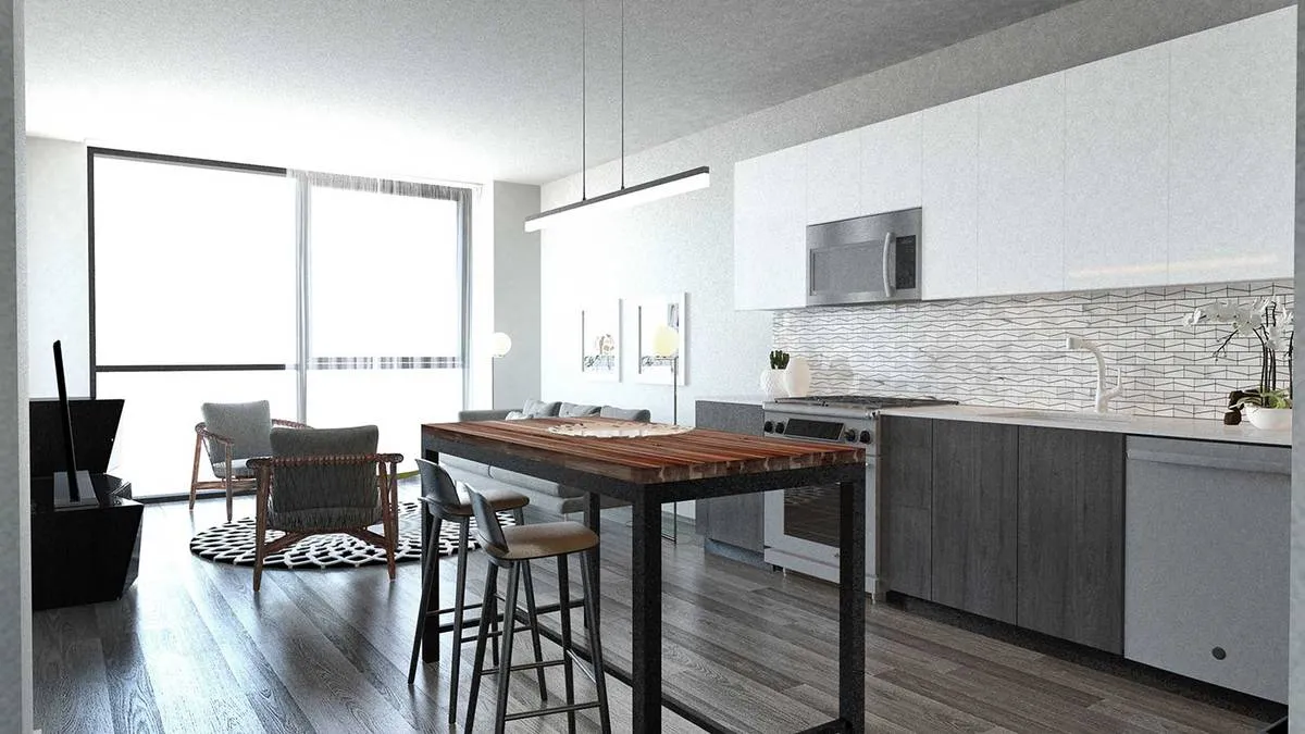 furnished living room at Centrum Lakeview Apartments at 1714 West Roscoe